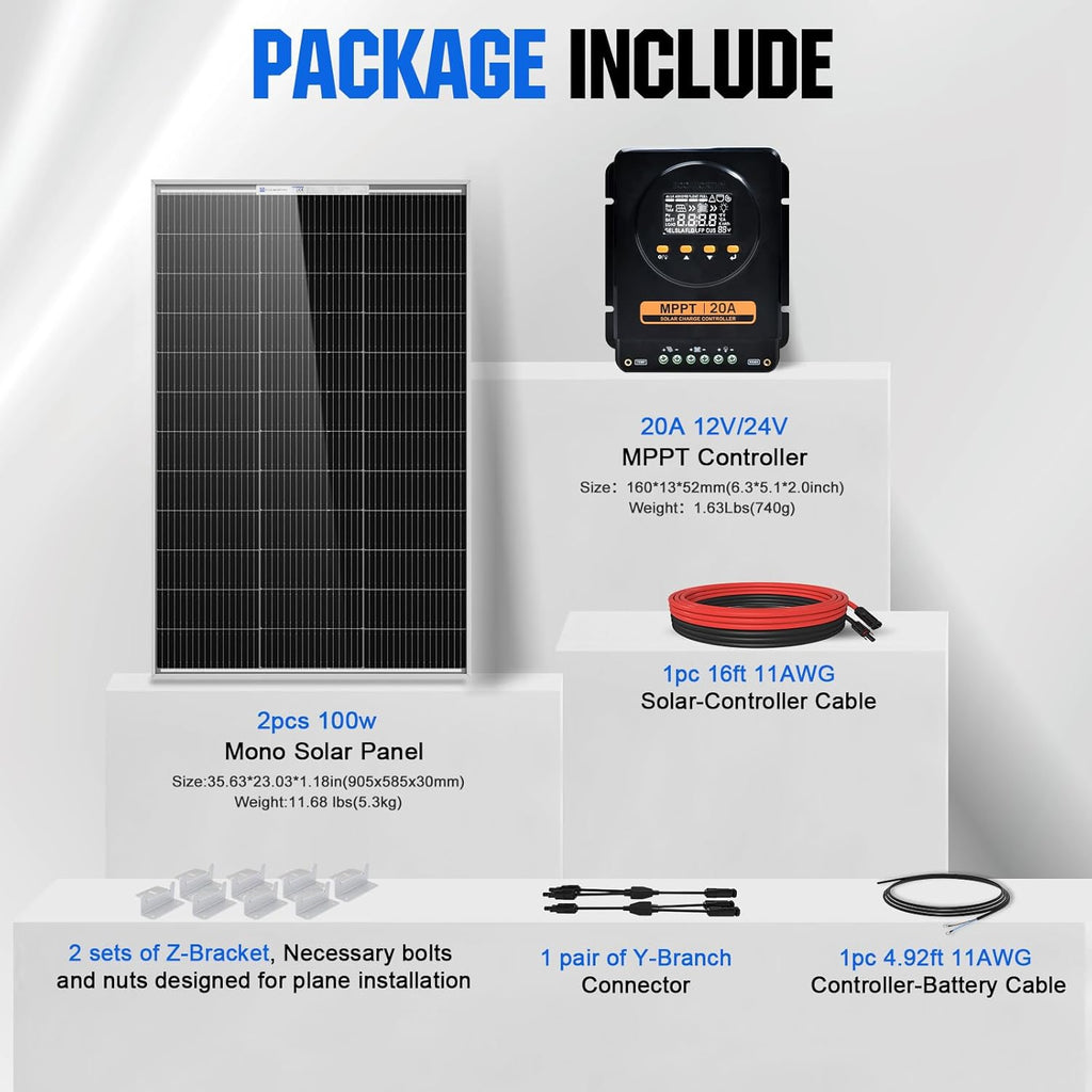 ECO-WORTHY 200 Watts 12 Volt/24 Volt Solar Panel Kit with 20A Bluetooth APP Monitoring MPPT Controller and High Efficiency Monocrystalline Solar Panel for Home,RV,Camper,and Other Off Grid Application