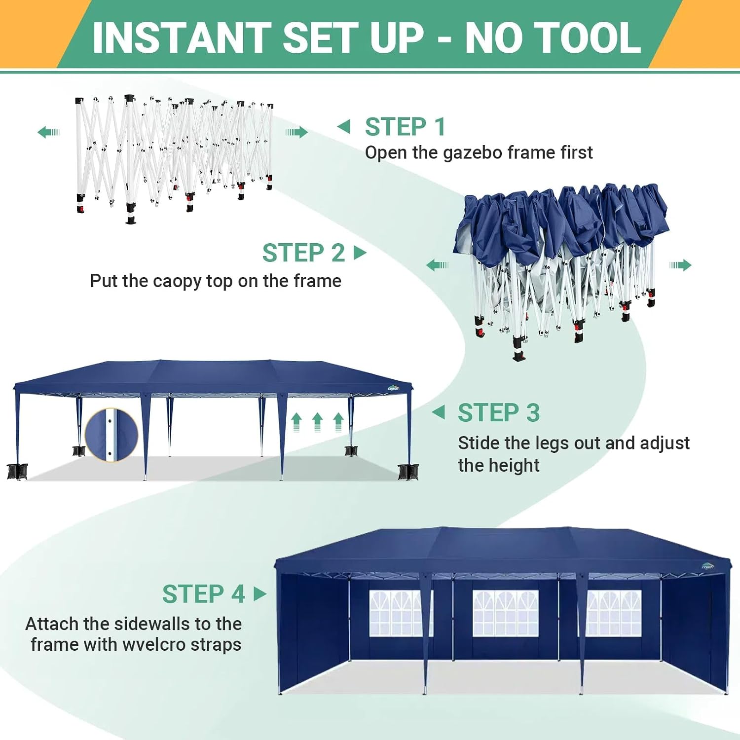 COBIZI 10x30 Pop Up Canopy Tent with 5 Sidewalls Party Tents for Parties Weddings Backyard Waterproof Commercial Instant Outdoor Events Tent with Stakes, Ropes,Sandbags（10 x 30 ft Navy Blue