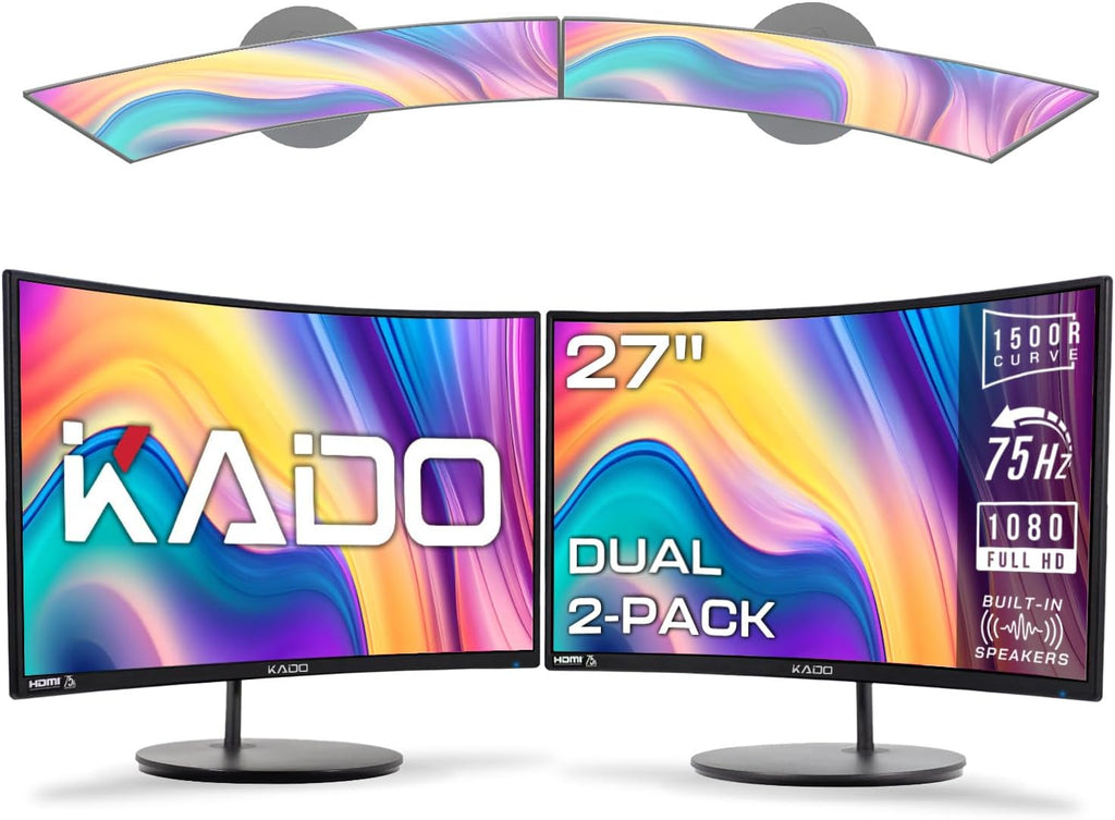 Kado Dual Monitor Setup - 2-Pack 27' Curved 1920x1080 Computer Monitor 1500R 75Hz VESA Mount HDMI Office Gaming Hybrid Built-in Speakers (C27X Dual Series)