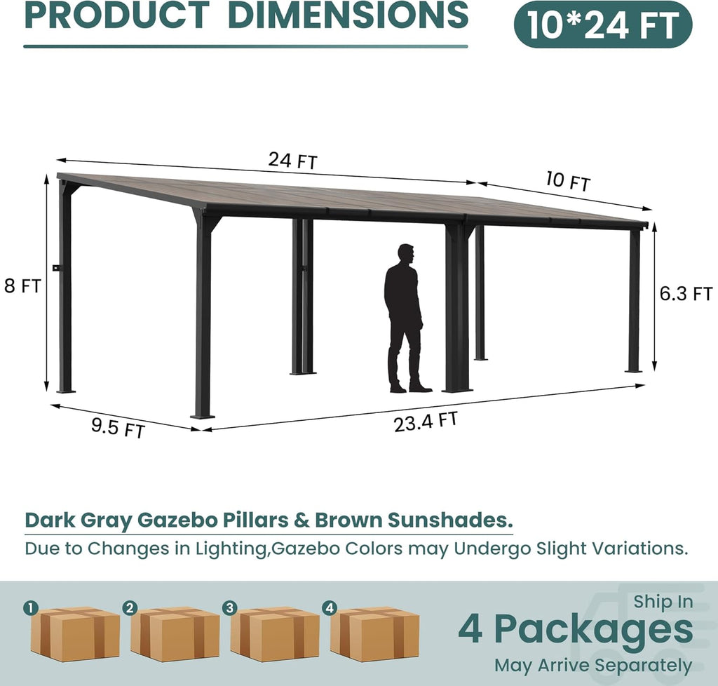10 * 24FT Pergola,4 * 8 Inch Thickened Pillars & Enlarged Base,Outdoor Hardtop Lean to Gazebo,Wall Mounted Pergola,Pergolas Gazebos Clearance,Aluminum Frame Pergola,UV Resistant Patio Roof