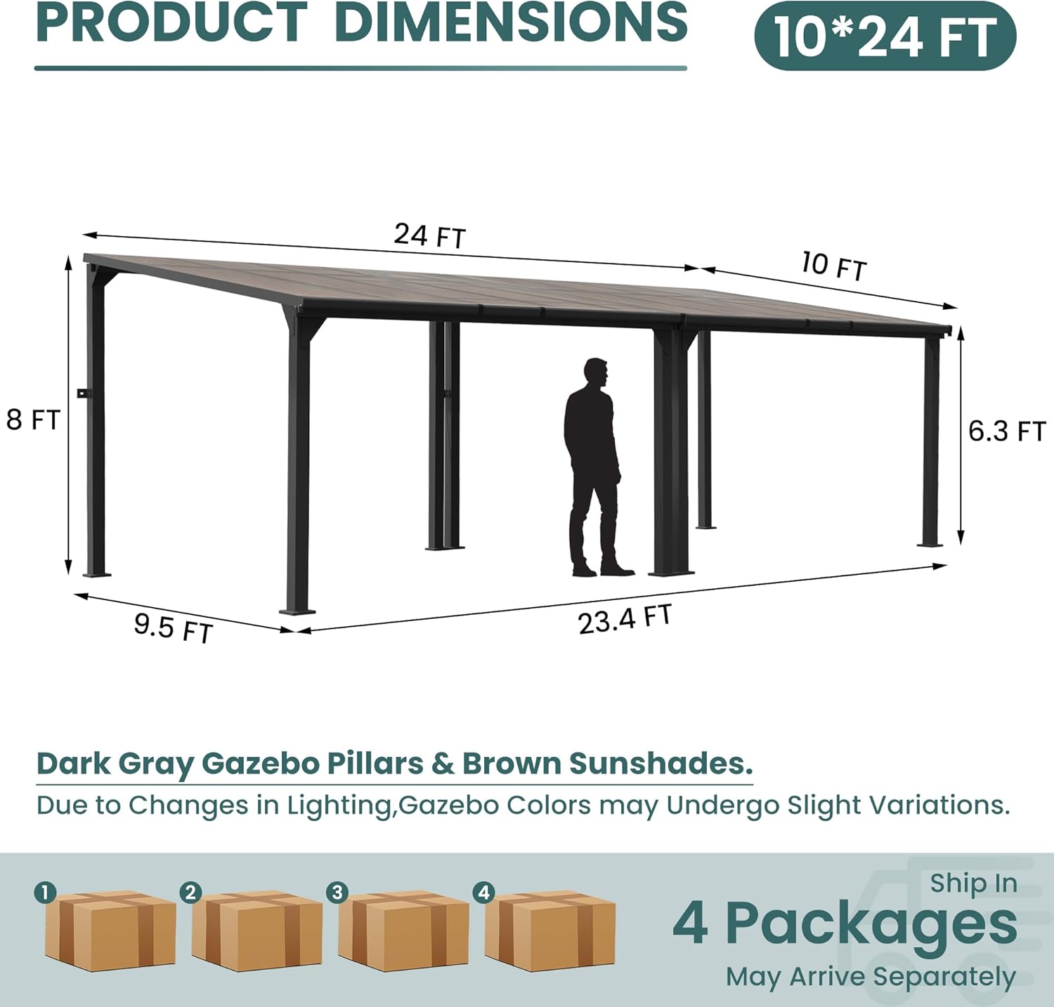 10 * 24FT Pergola,4 * 8 Inch Thickened Pillars & Enlarged Base,Outdoor Hardtop Lean to Gazebo,Wall Mounted Pergola,Pergolas Gazebos Clearance,Aluminum Frame Pergola,UV Resistant Patio Roof