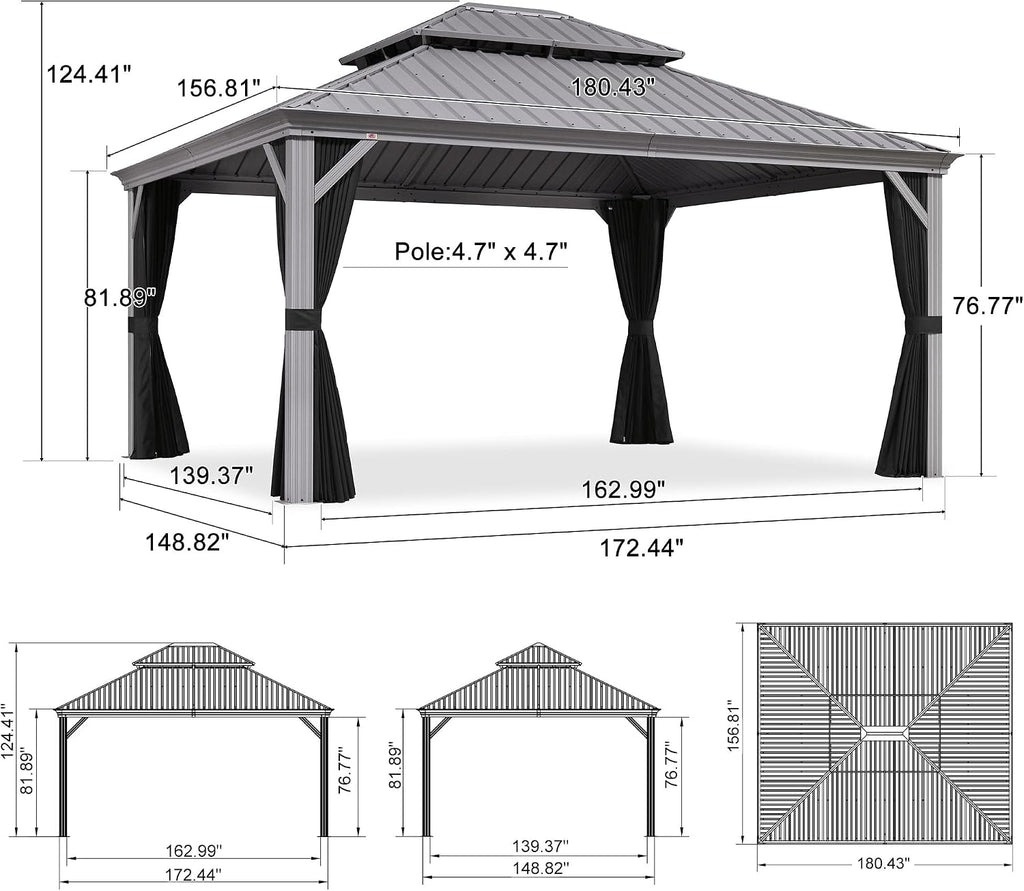 PURPLE LEAF 13' x 15' Hardtop Aluminum Gazebo with Double Metal Roof Heavy Duty Permanent Gazebo for Patio Deck Lawn Garden All Weather Outdoor Pavilion Gazebos, Light Grey