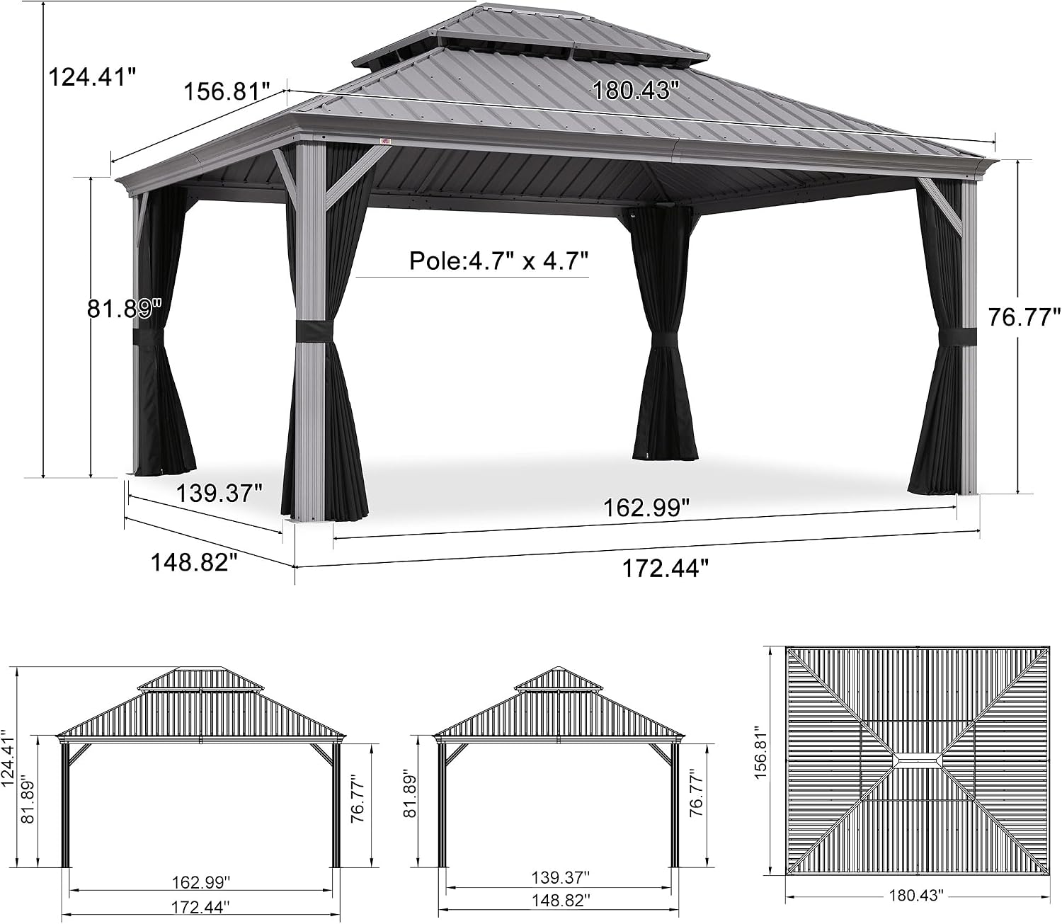 PURPLE LEAF 13' x 15' Hardtop Aluminum Gazebo with Double Metal Roof Heavy Duty Permanent Gazebo for Patio Deck Lawn Garden All Weather Outdoor Pavilion Gazebos, Light Grey