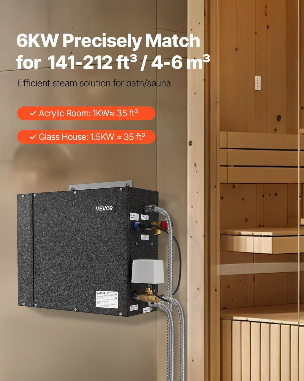 VEVOR Steam Generator, 6 kW Steam Shower System with Controller for Home Sauna & Spa, Commercial Auto Drain Kit with Overheat, Dry-Run & Overpressure Protection, 10min to 24h Timer, Black