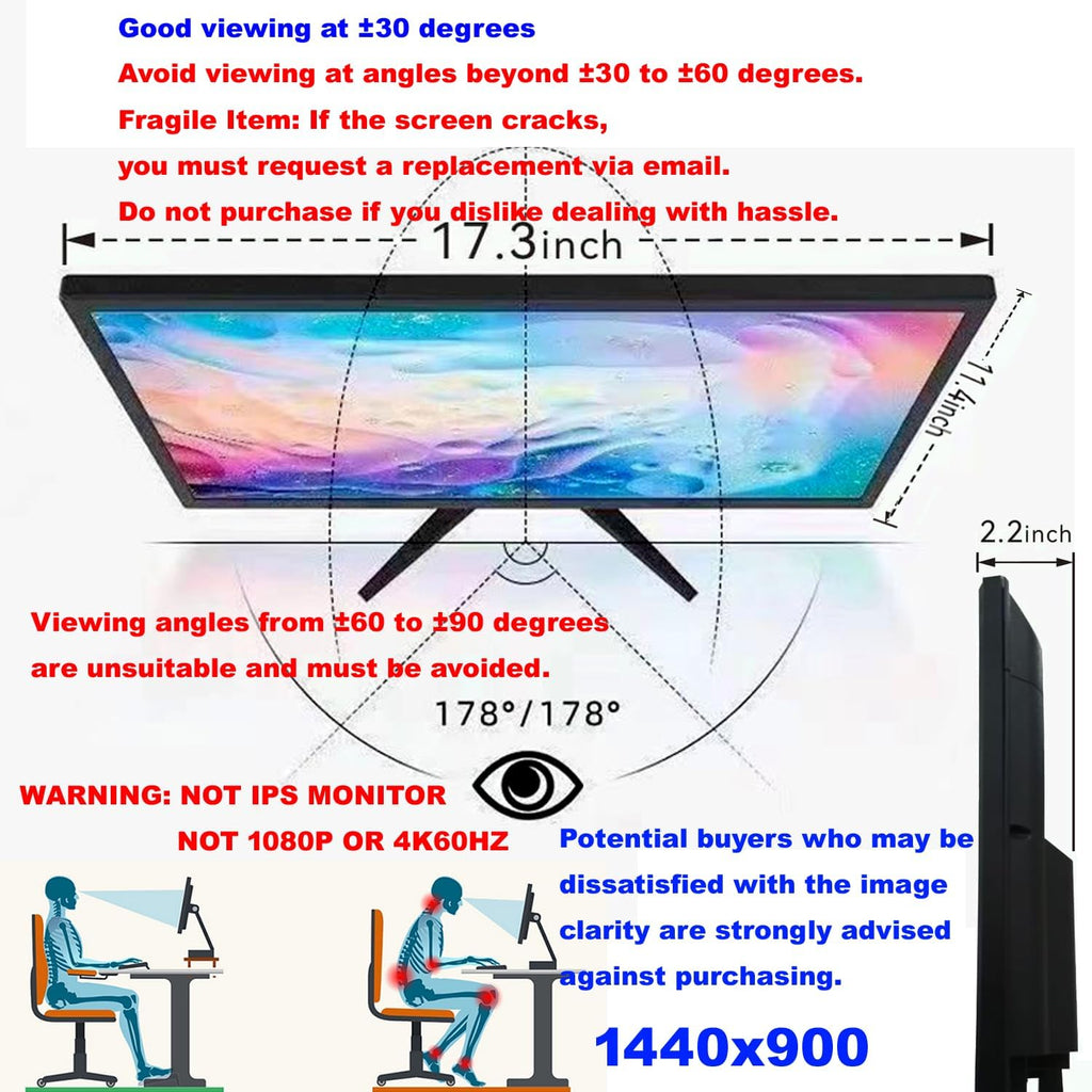 19-inch Full HD 75Hz Small Thin Monitor for laptops, Computers and desktops, HD+ 1440 x 900p, Anti-Glare, LED Display, VGA/HDMI Connection