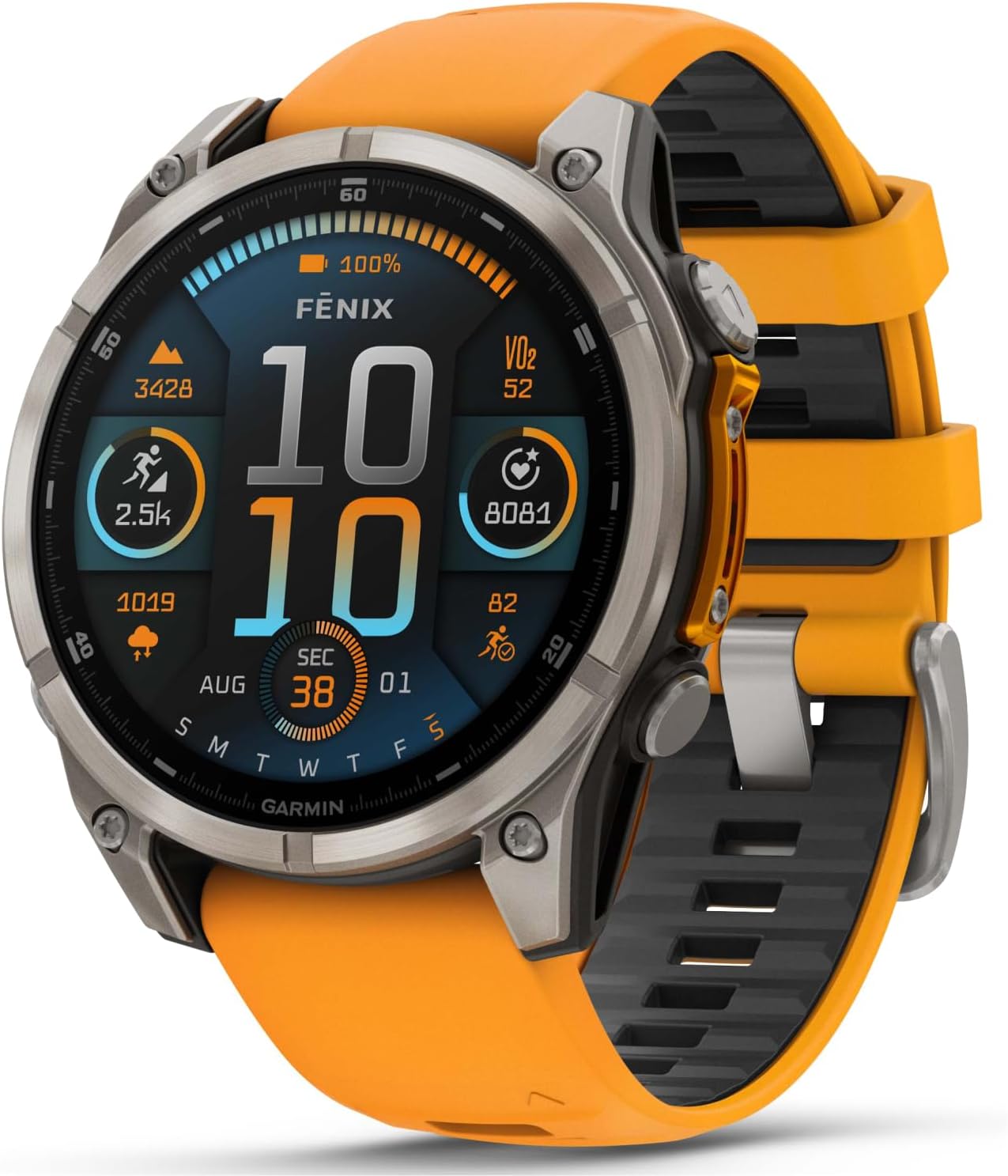 Garmin Fenix 8 – 47 mm, AMOLED Sapphire Multisport GPS Smartwatch, Titanium with Spark Orange/Graphite Silicone Band, Built-in LED Flashlight with Black Earbuds Bundle
