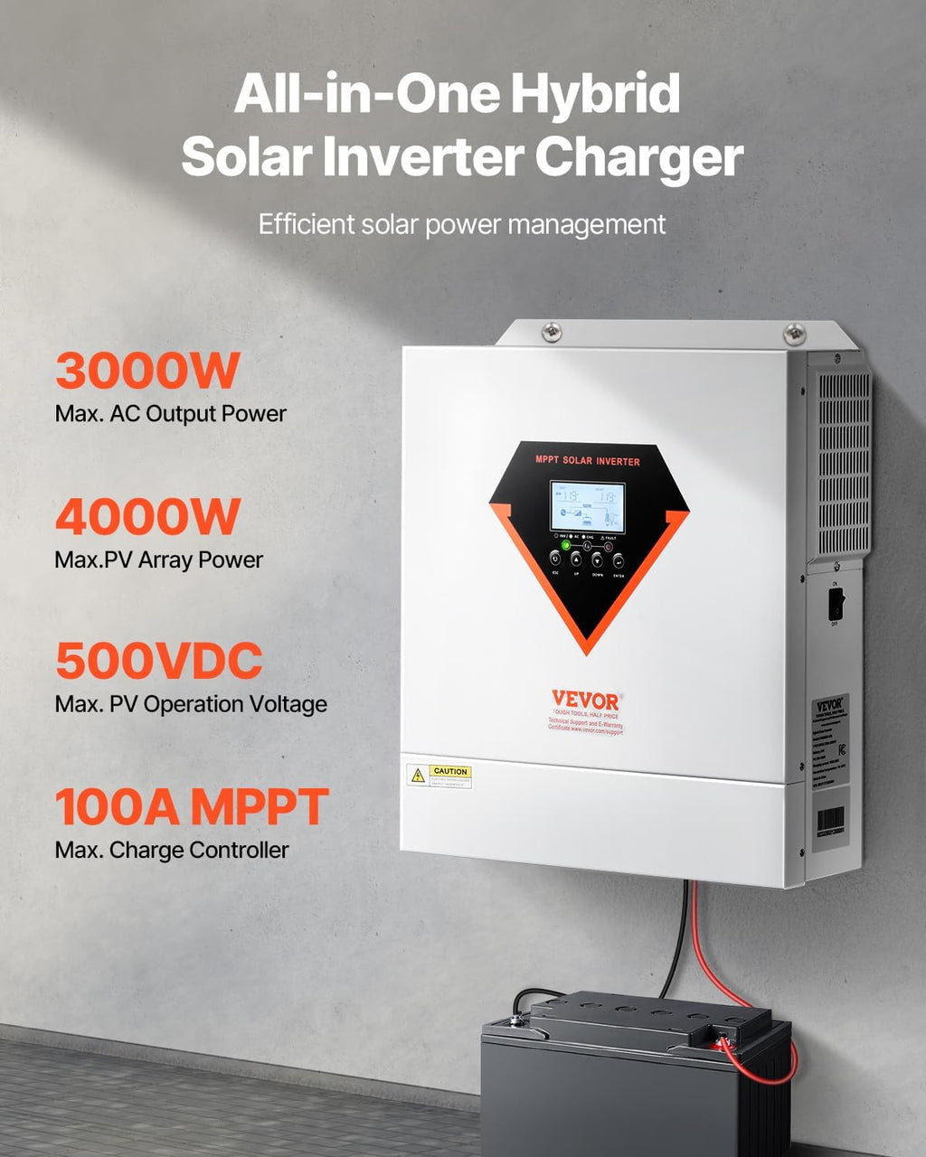 VEVOR Hybrid Solar Inverter, 3000W, Single Phase Pure Sine Wave Power Inverter, 24V DC to 110/120V AC, with Built-in 100A MPPT Solar Charge Controller, for Off-Grid System Lead Acid Lithium Battery