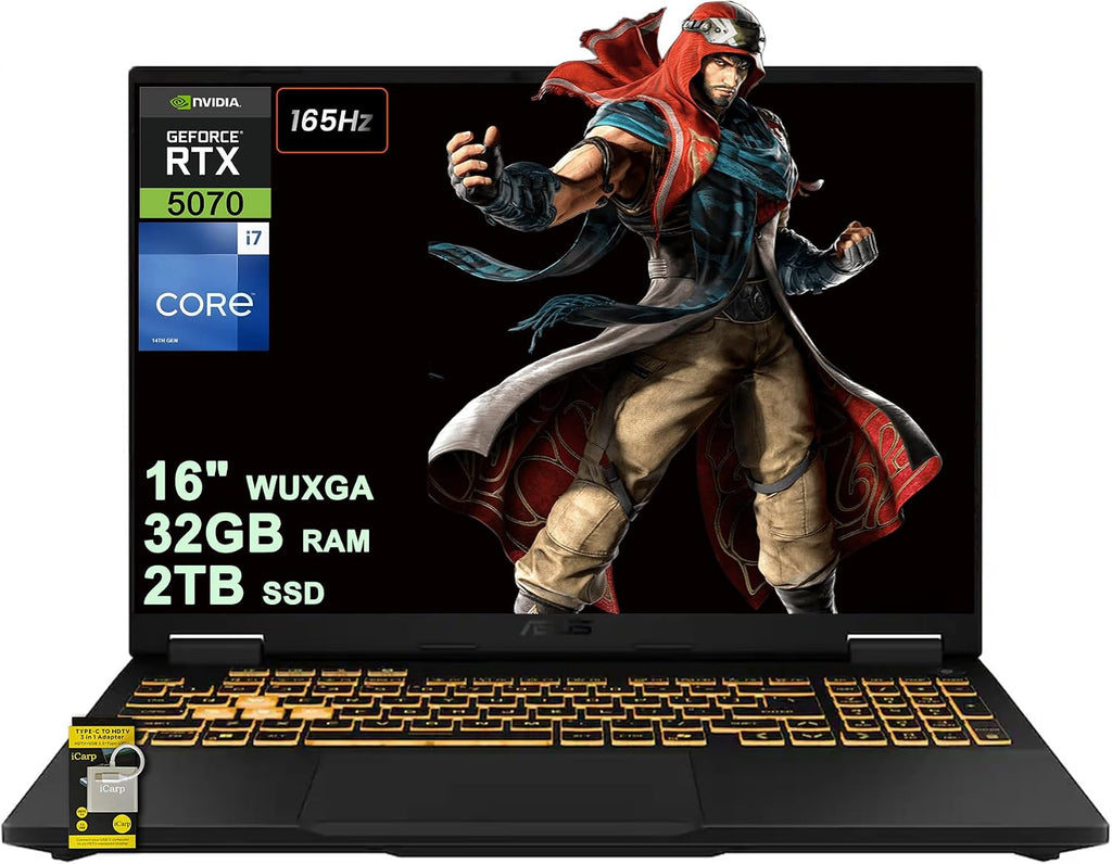 ASUS TUF Gaming F16 Laptop 16' WUXGA IPS 165Hz (100% sRGB, GSYNC) Intel 16-core i7-14650HX 32GB RAM 2TB SSD GeForce RTX 5070 (Up to 798 AI Tops) RGB Backlit Thunderbolt Hi-Res Win11 ICP Hub