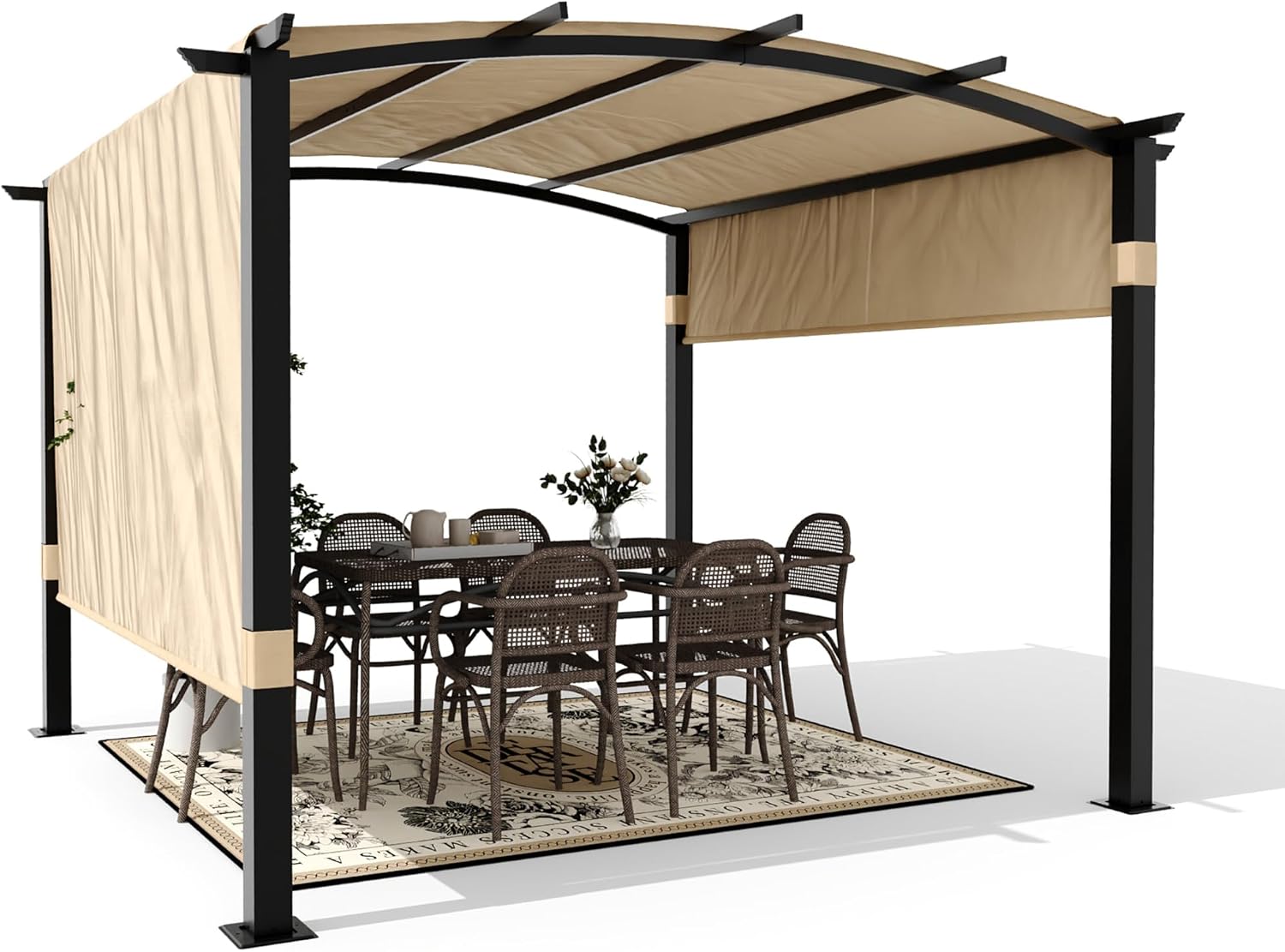GAOMON 10x10 Ft Outdoor Arched Pergola, Heavy-Duty Aluminum Patio Gazebo with Retractable Canopy, UV-Resistant for Deck Backyard Garden Porch Lawn, Khaki
