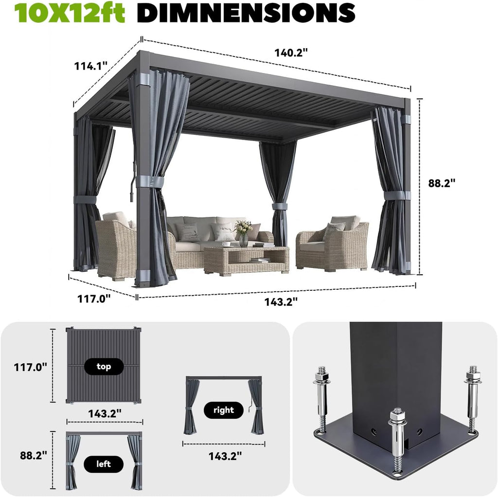 MELLCOM Louvered Pergola 10x12, Steel Aluminum Pergola with Adjustable Louvered Roofs, Outdoor Gazebo with Waterproof Curtains and Nets, Black