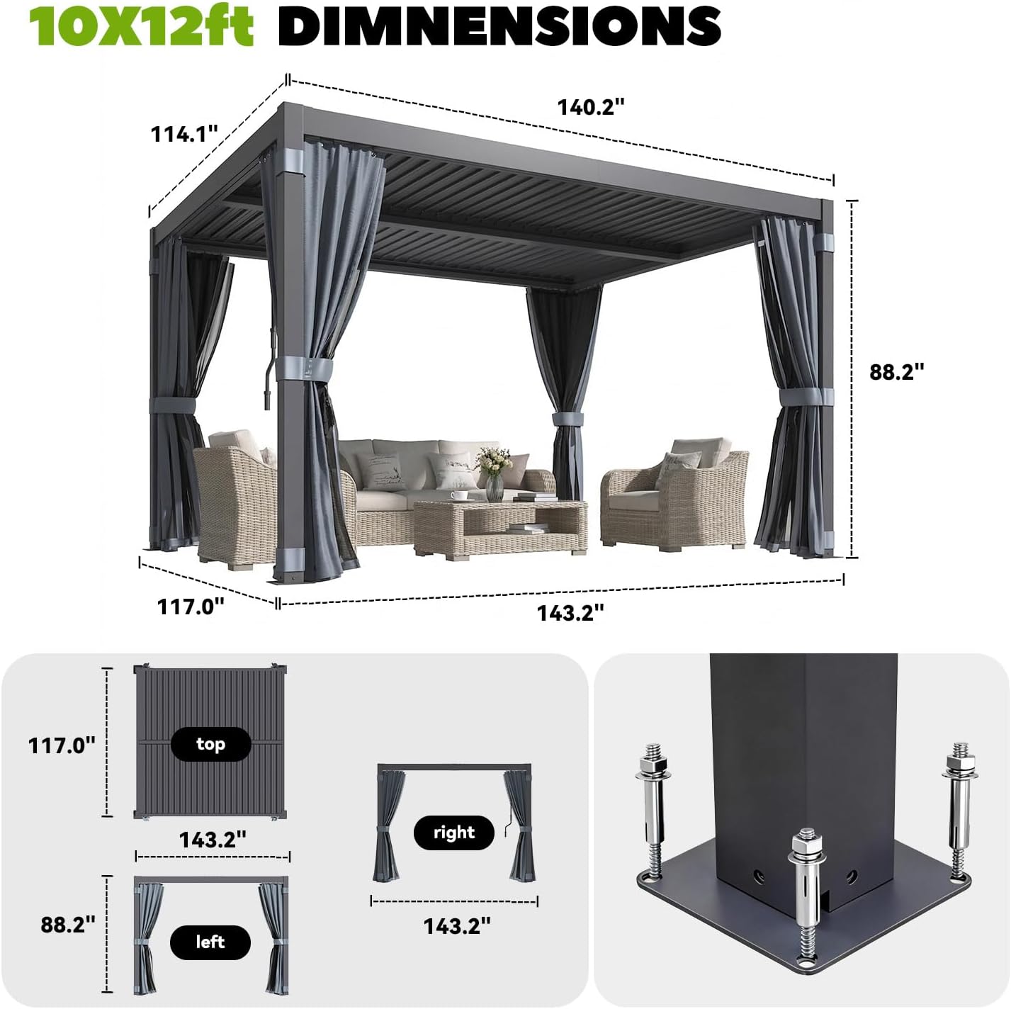 MELLCOM Louvered Pergola 10x12, Steel Aluminum Pergola with Adjustable Louvered Roofs, Outdoor Gazebo with Waterproof Curtains and Nets, Black