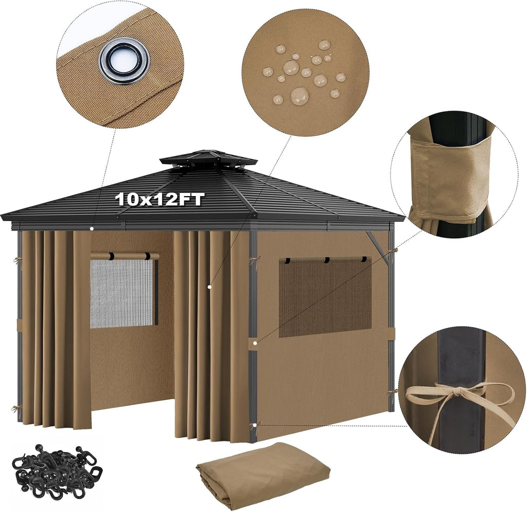 Universal Replacement Privacy Curtains for Gazebos, 10x12 ft Outdoor Waterproof with Large Mosquito-Proof Window Opening, 2-Piece Four-Sided Side Walls with Zippers (Curtains Only, Khaki)