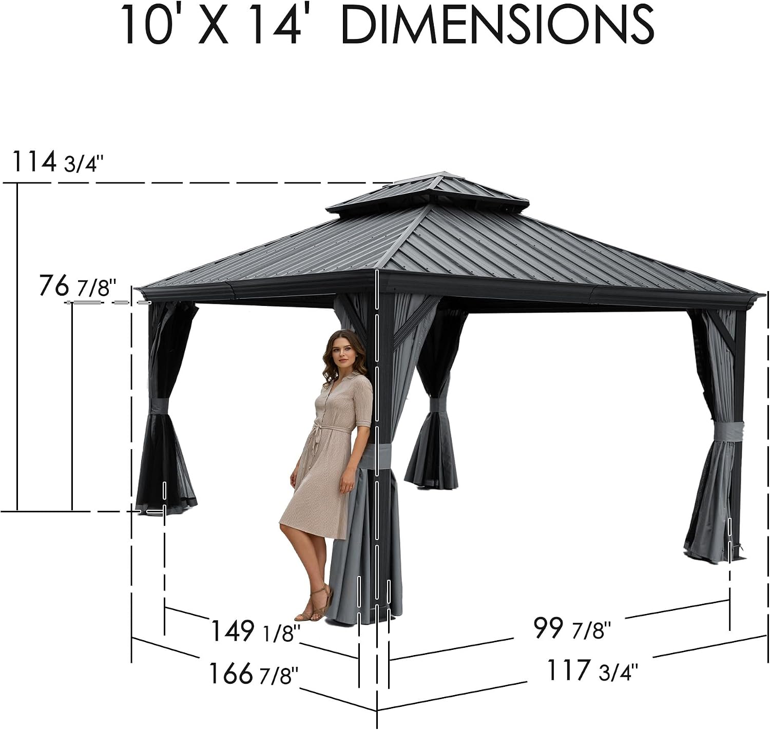 Kozyard Alexander 10' x 14' Hardtop Gazebo, Aluminum Frame with Galvanized Steel Double Roof, Outdoor Permanent Pavilion with Curtains and Netting for Patio, Backyard, Deck, Lawn (Gray)