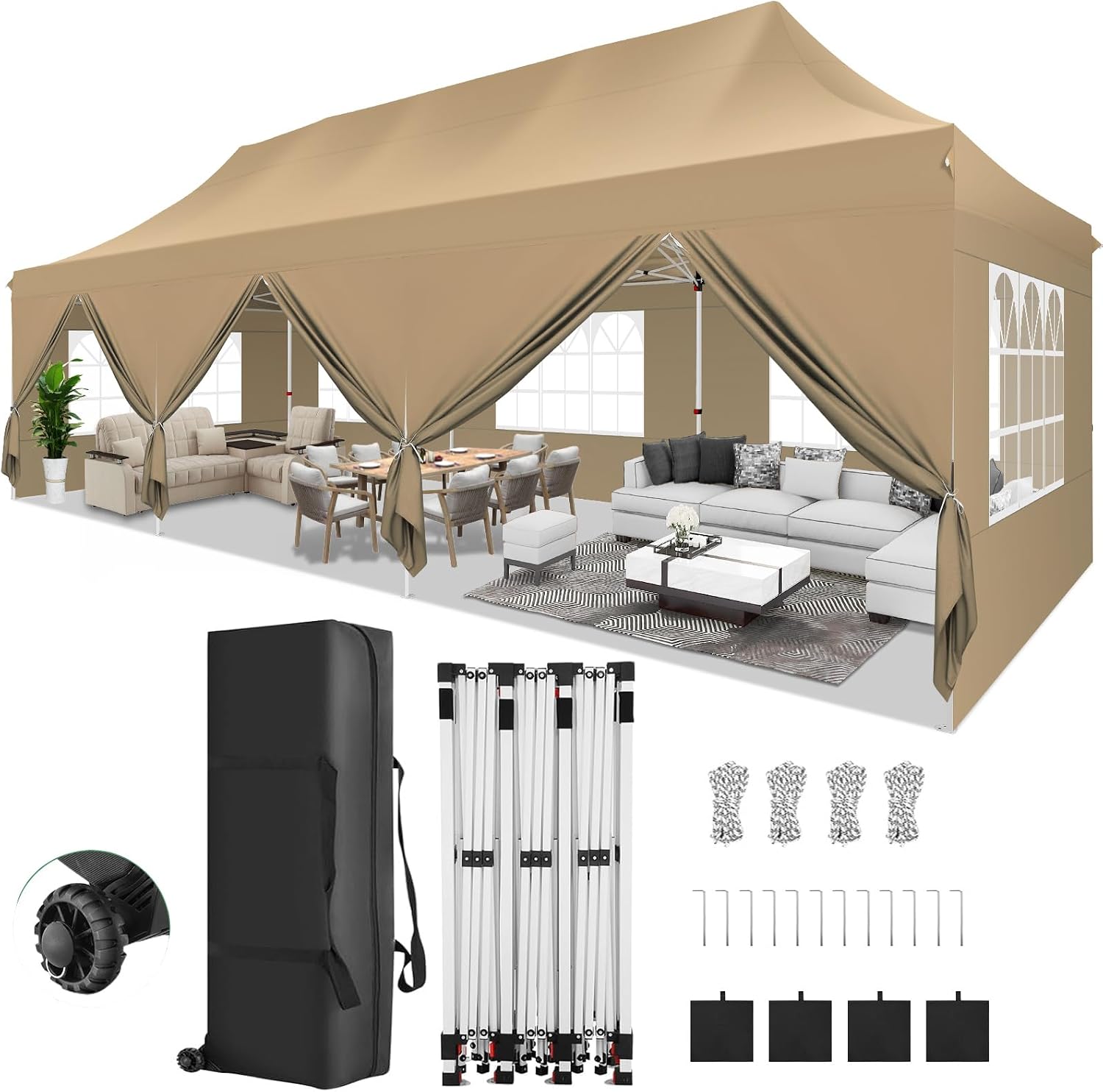 COBIZI 10x30 Pop Up Canopy Party Tents for Parties Waterproof Outdoor Event Shelter with 8 Sidewalls Camping Commercial Wedding Portable Easy to Set up Gazebo Tent for Backyard, Khaki
