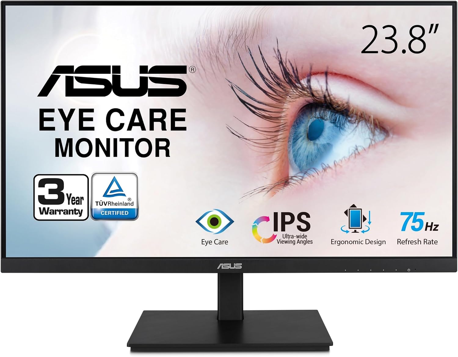 ASUS 24'1080P Monitor(VA24DQSB)-Full HD,IPS,75Hz,Speakers Adaptive-Sync Low Blue Light Flicker Free VESA Mountable Frameless, HDMI DisplayPort, VGA, USB hub Height Adjustable, Black,12.8'x21.3'x2.1'