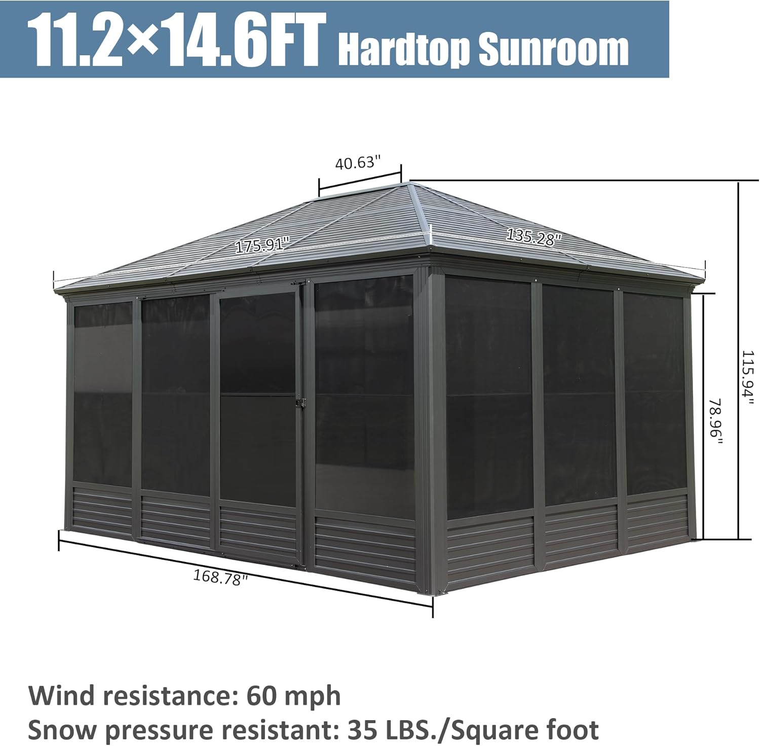 Domi 11.2x14.6FT Solarium Sunroom Kit, Outdoor Enclosed Patio Sunroom Gazebo with Aluminum Frame, Permanent Freestanding Hardtop Gazebo with 2 Sliding Doors (Front and Rear), Movable PVC Windows