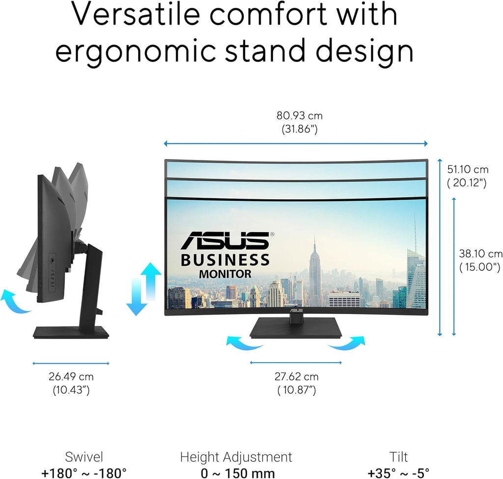 ASUS 34' Curved USB-C Docking Monitor (VA34VCPSR) - WQHD (3440x1440), 1500R Curvature, Frameless, USB-C PD 96W, RJ45, USB hub, Eye Care, Ergonomic, VESA Wall Mountable, 3 yr Warranty
