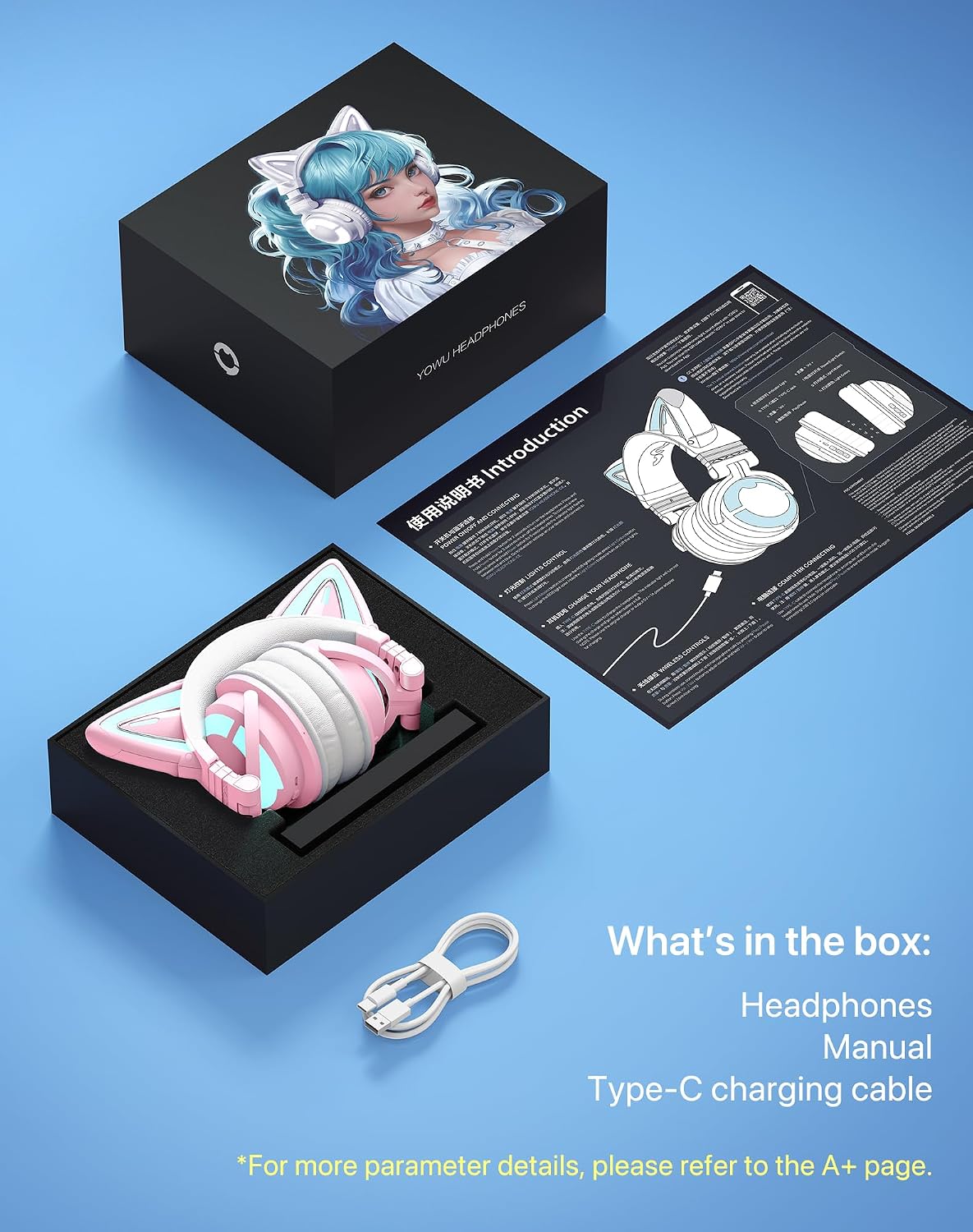 YOWU Cat Ear Headphones CE, Wired/Wireless Pink Gaming Headsets with Seamless Live Sound Experience for PC/PE/Switch/PS4/PS5, Built-in Mic & Customizable RGB Light Effect for Anime Lovers