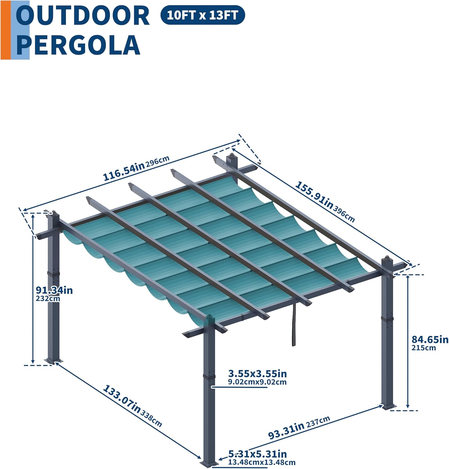 GAOMON 10x13 Ft Outdoor Pergola, Heavy-Duty Aluminum Patio Pergolas and Gazebos Clearance with Retractable Canopy Sun Shade, UV-Resistant Metal Pergola for Existing Deck, Backyard Garden Porch, Blue