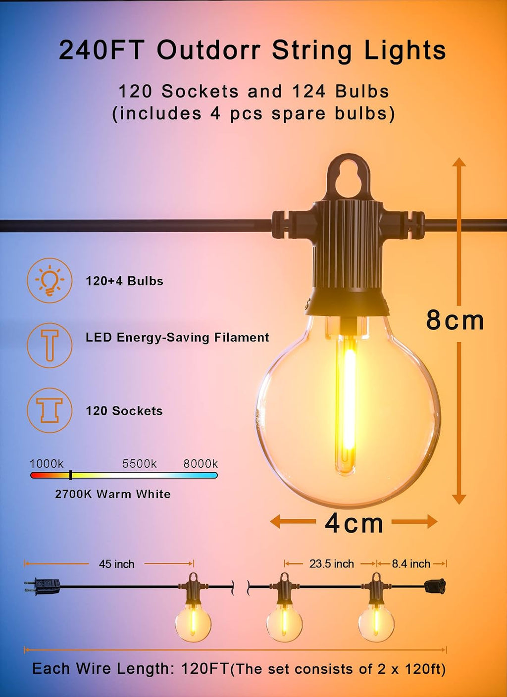 Zuske Outdoor String Lights Waterproof, 240FT Patio Lights with 124 Shatterproof G40 Globe Bulb(4 Spare), Connectable Dimmable Hanging LED String Lights for Outside Backyard Porch Balcony(120FTx2)