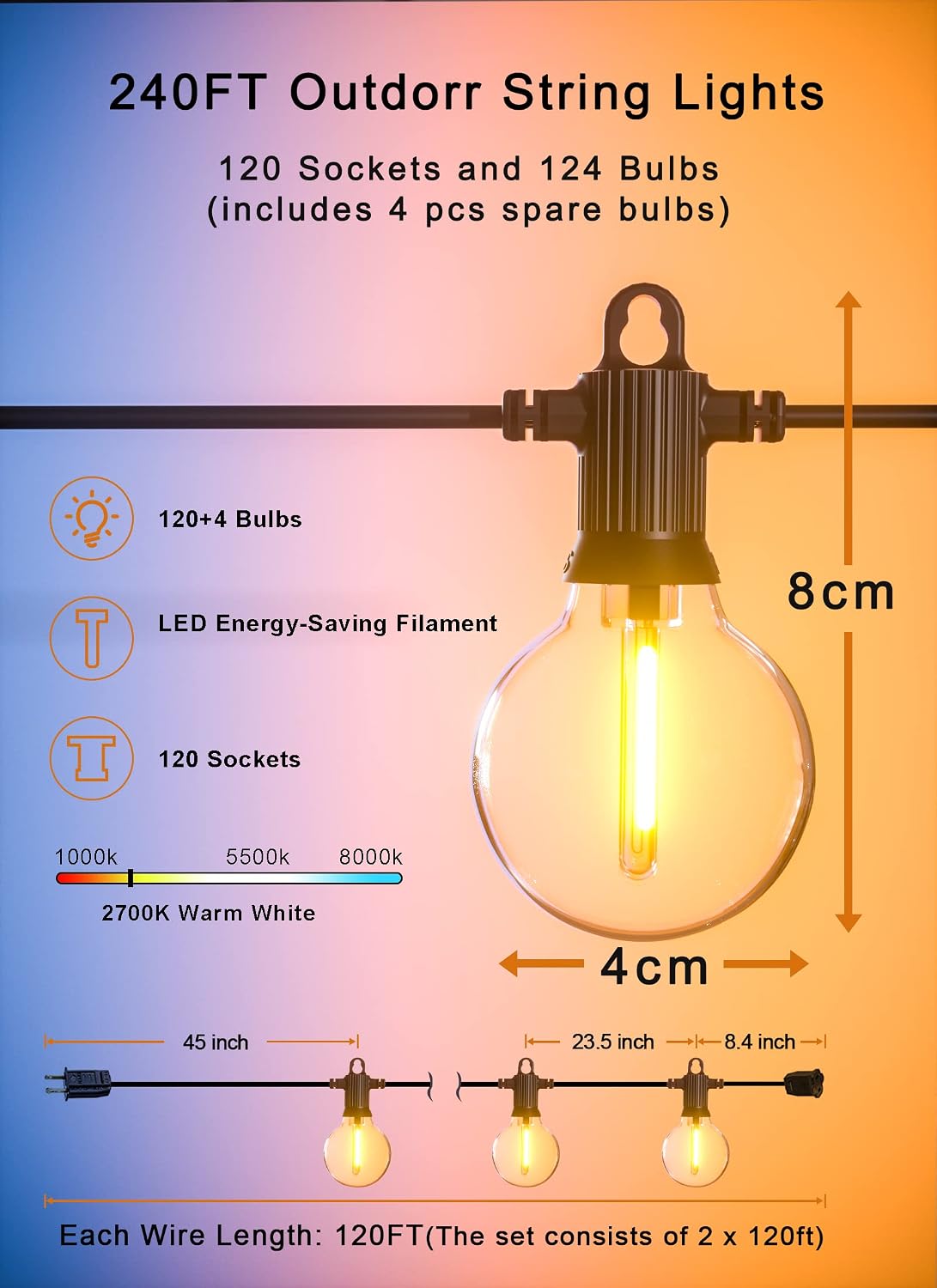 Zuske Outdoor String Lights Waterproof, 240FT Patio Lights with 124 Shatterproof G40 Globe Bulb(4 Spare), Connectable Dimmable Hanging LED String Lights for Outside Backyard Porch Balcony(120FTx2)