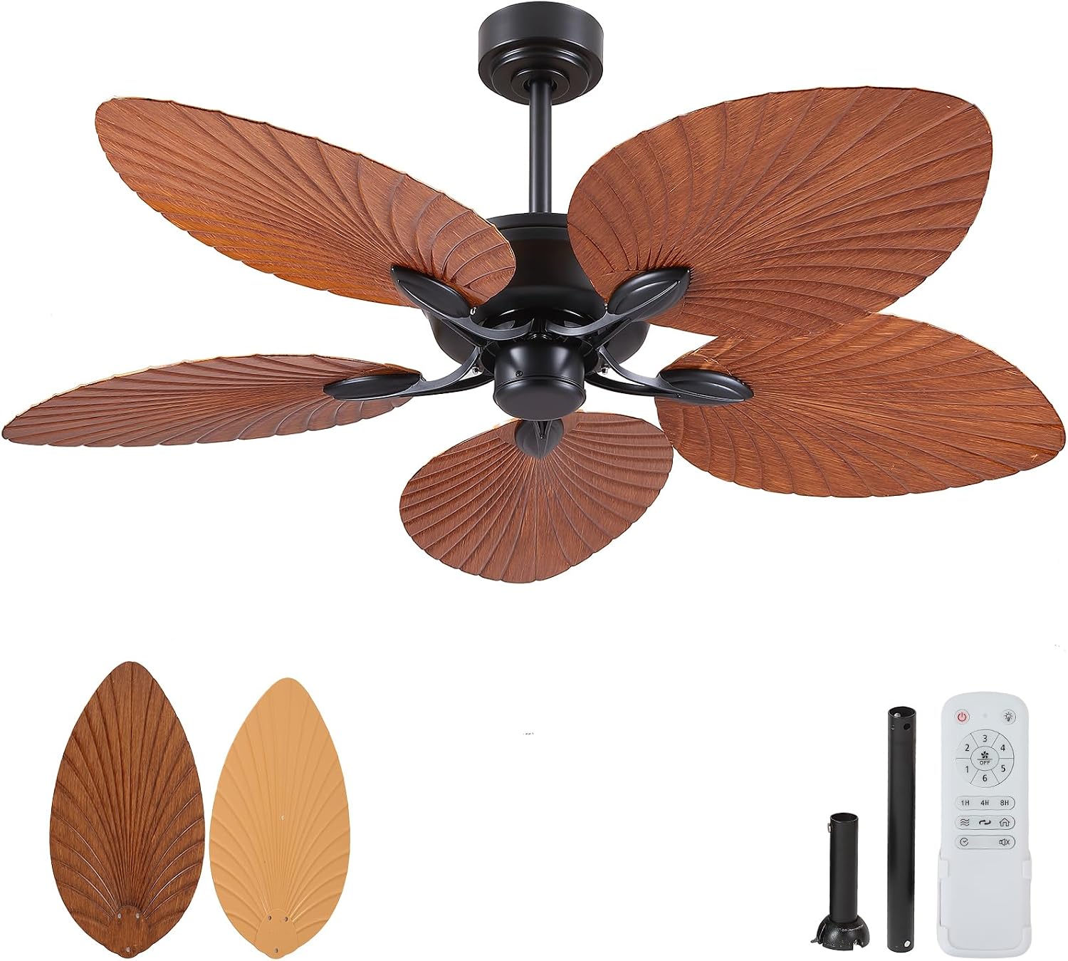 PHORUS 52' Waterproof Outdoor Palm Leaf Ceiling Fans Without Lights and Remote,Wet Rated Tropical Ceiling Fans for Patios Porch Gazebo Pergola