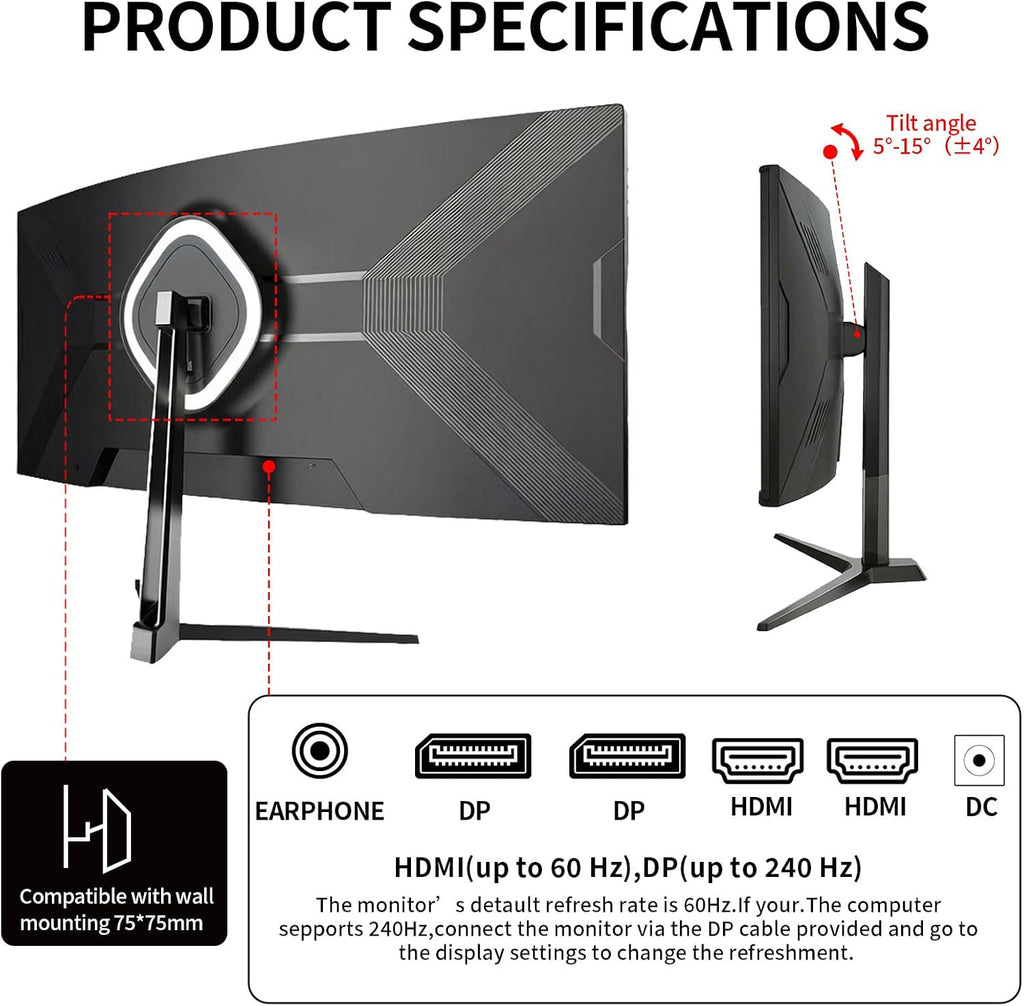 ZZA 34 Inch Curved Gaming Monitor, 3440x1440 UltraWide WQHD 240Hz, 1ms, Adaptive-Sync, HDR Display, 1500R, Bezel-Free Design, Eye Care, VESA Mount, for Gaming, Work, Streaming, Coding, Home Office
