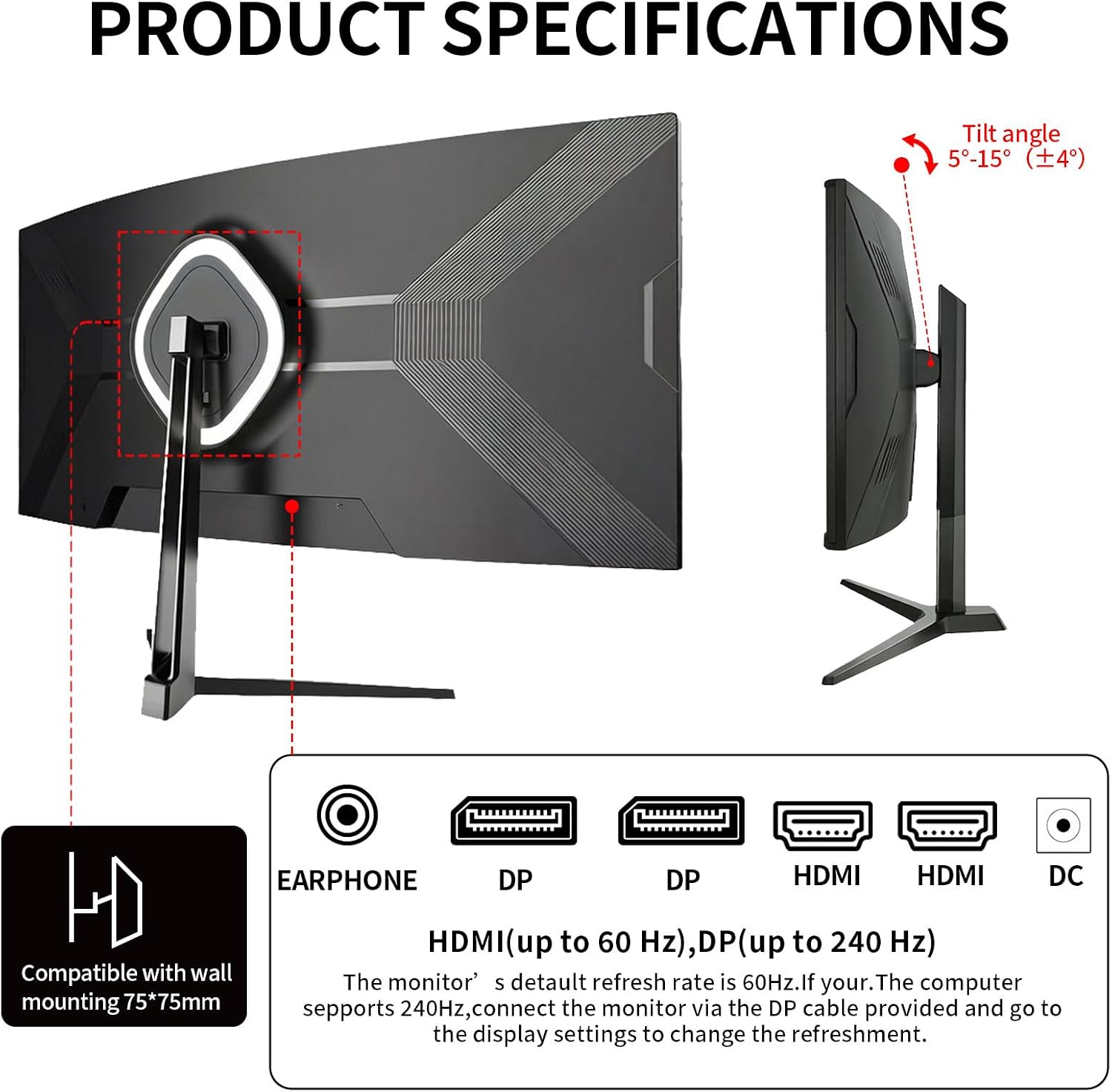 ZZA 34 Inch Curved Gaming Monitor, 3440x1440 UltraWide WQHD 240Hz, 1ms, Adaptive-Sync, HDR Display, 1500R, Bezel-Free Design, Eye Care, VESA Mount, for Gaming, Work, Streaming, Coding, Home Office