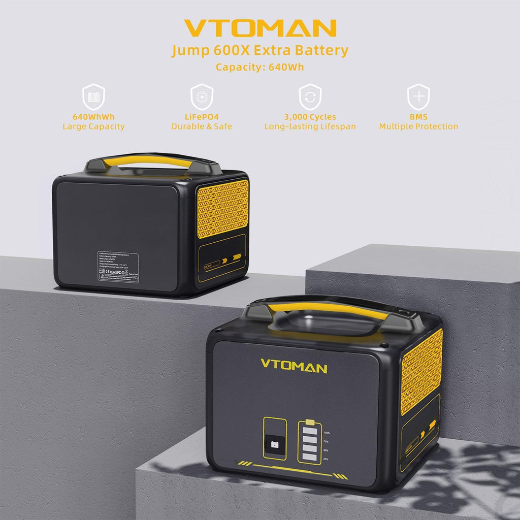VTOMAN Jump600X 600W Portable Power Station with 640Wh Extra Battery, 939Wh Solar Generator LiFePO4 Battery, Peak 1200W AC Outlet, PD 60W USB-C, 3x12V/10A DC for Outdoor Camping, Off-grid, Home Backup