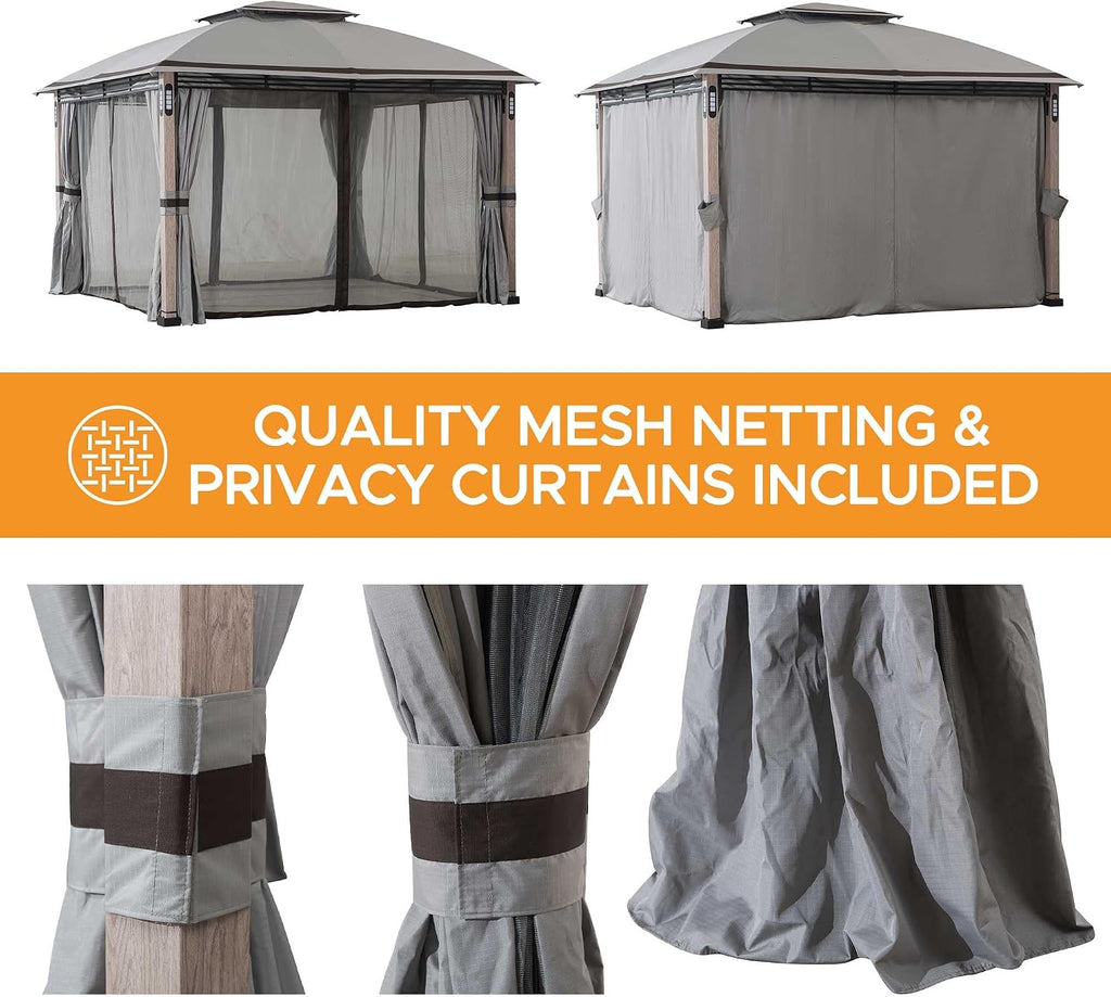 SUNJOY 11 x 13 ft. Soft Top Gazebo Outdoor Patio Powder-Coated Steel Frame 2-Tier Soft top Gazebos with LED Lighting, Bluetooth Sound, Netting and Curtain, Gray
