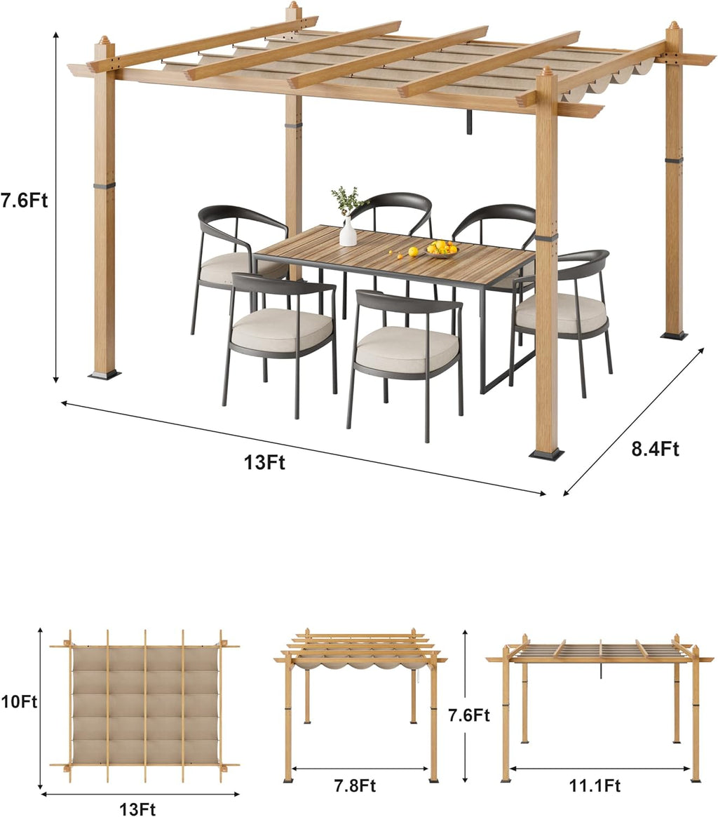 10x13 Ft Outdoor Patio Aluminum Pergola with Sun Shade Canopy, Upgraded Wood-Grain Post Retractable Pergola, Modern Metal Yard Grape Trellis Gazebo for Backyard, Patio, Porch, Khaki