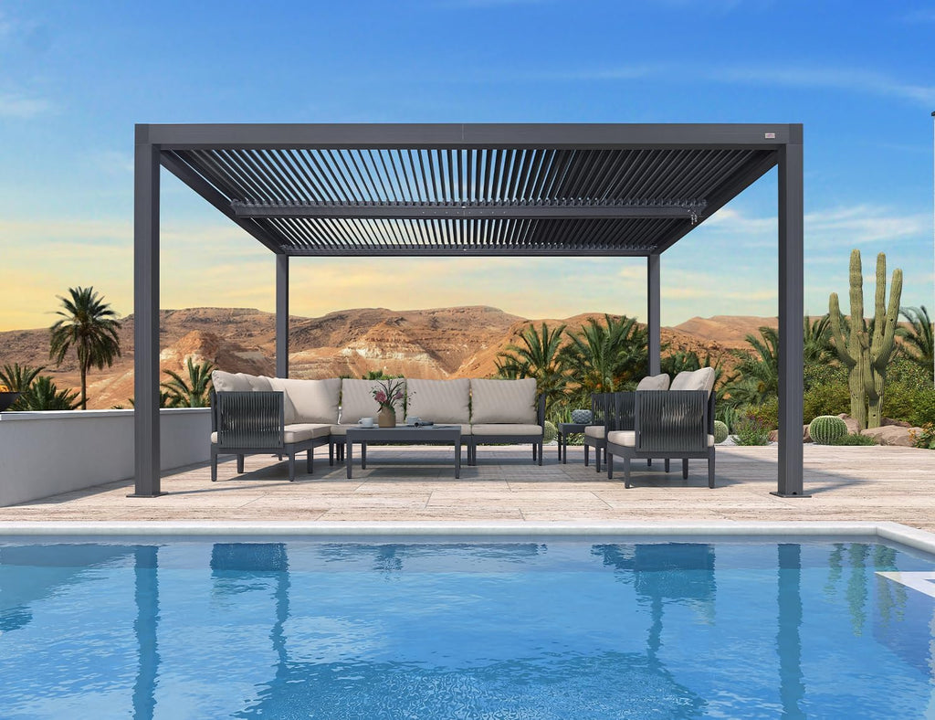 PURPLE LEAF Louvered Pergola 94AS 10' x 14' Outdoor Aluminum Pergola with Shade Screen Adjustable Roof for Deck Backyard Grey Hardtop Gazebo, 1 Long Side