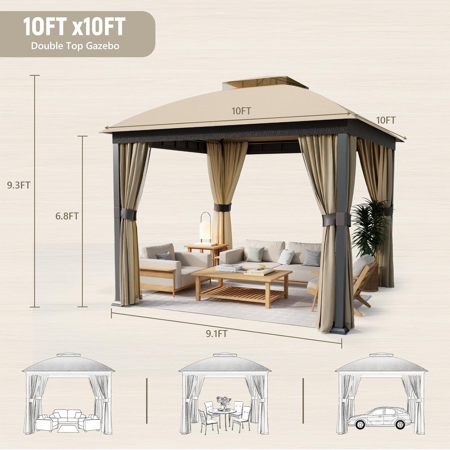 Patio Gazebo 10x10, Outdoor Gazebos, Heavy Duty Gazebo Soft Top Gazebos, Double Roofs Anti-UV Shelter Gaze bo for Patio Deck Backyard Garden Lawns