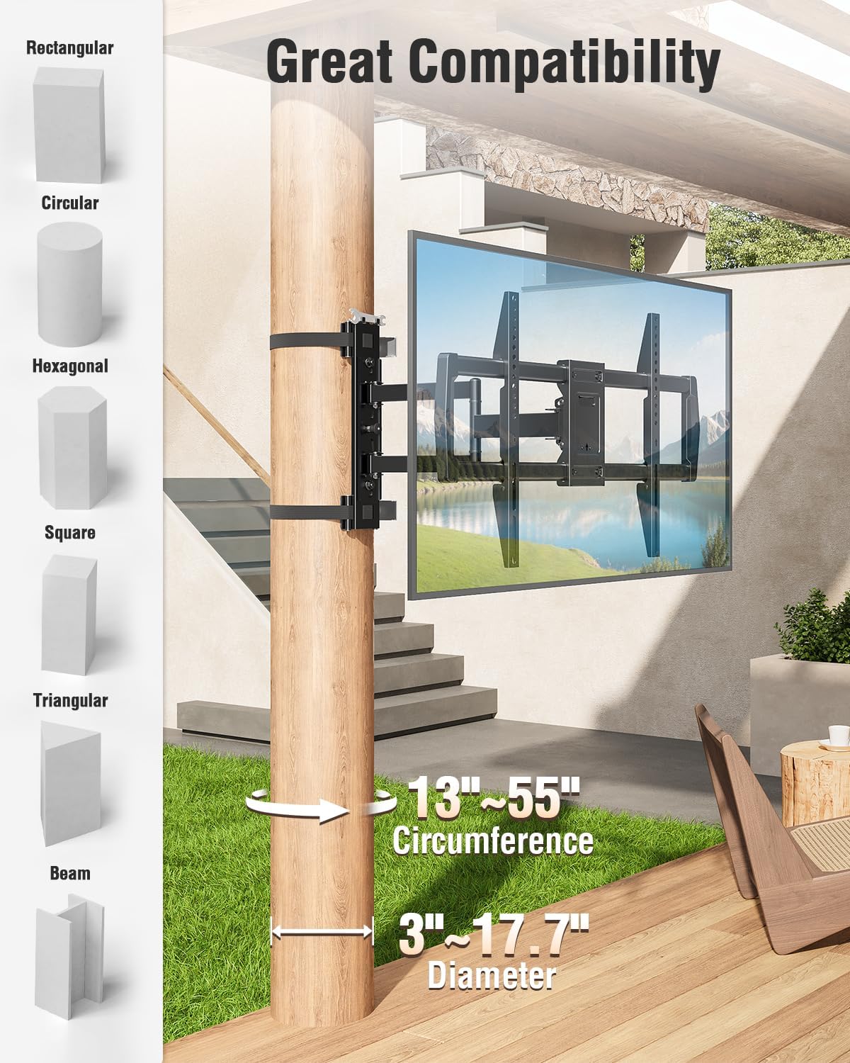 ELIVED Pillar TV Mount for Most 32'-75' TVs, Column TV Mount for Gazebo Patio Pergola, No Drill Full Motion tv Bracket Swivel and Tilt, Fits Multi-Shaped Poles, Max VESA 600x400mm, 88 Lbs.