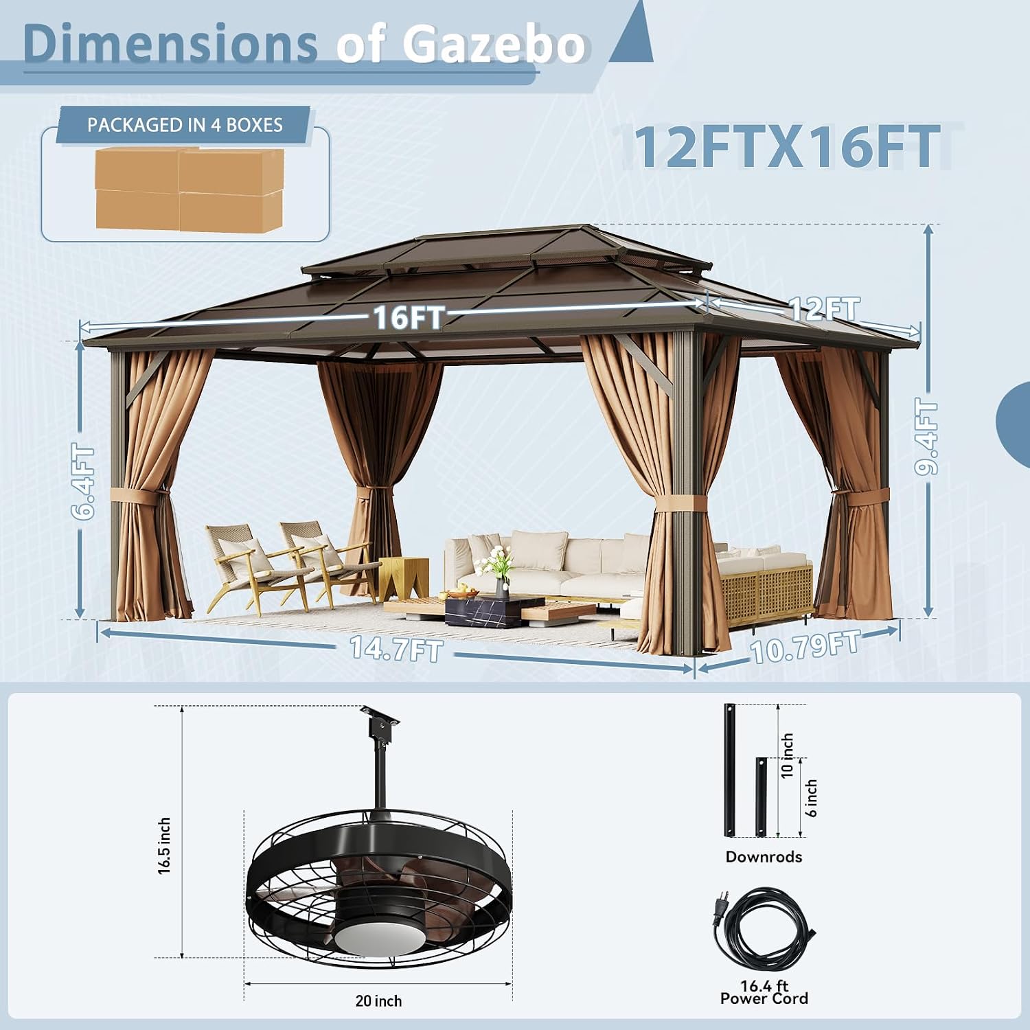 Aoxun 12'x16' Hardtop Gazebo, Aluminum Frame Permanent Pavilion with Curtains and Netting, Outdoor Polycarbonate Double Roof Canopy with Ceiling Fan, for Garden, Lawns, Patio, Brown