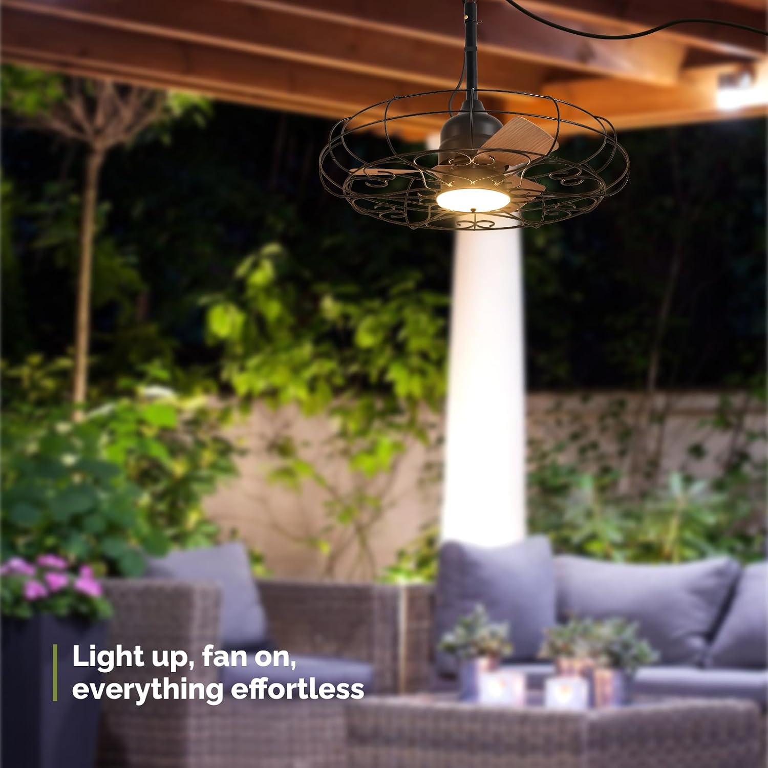 Orison Outdoor Ceiling Fans with Light, 28'' Wet Rated Outdoor Hanging Fan for Gazebo, Plug in Caged Lighting for Pergola Canopy, Hanging with Hook, 3 Color LED Light, Waterproof (28IN)