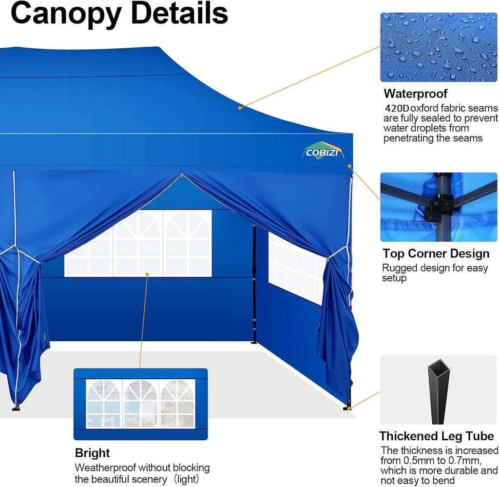COBIZI 10x20 Pop up Canopy Tent 10x20 Canopy with 6 Sidewalls Waterproof Heavy Duty Commercial Canopy Tent for Parties Outdoor Garden Gazebo, Carry Bag with Wheel(10x20ft, Blue)