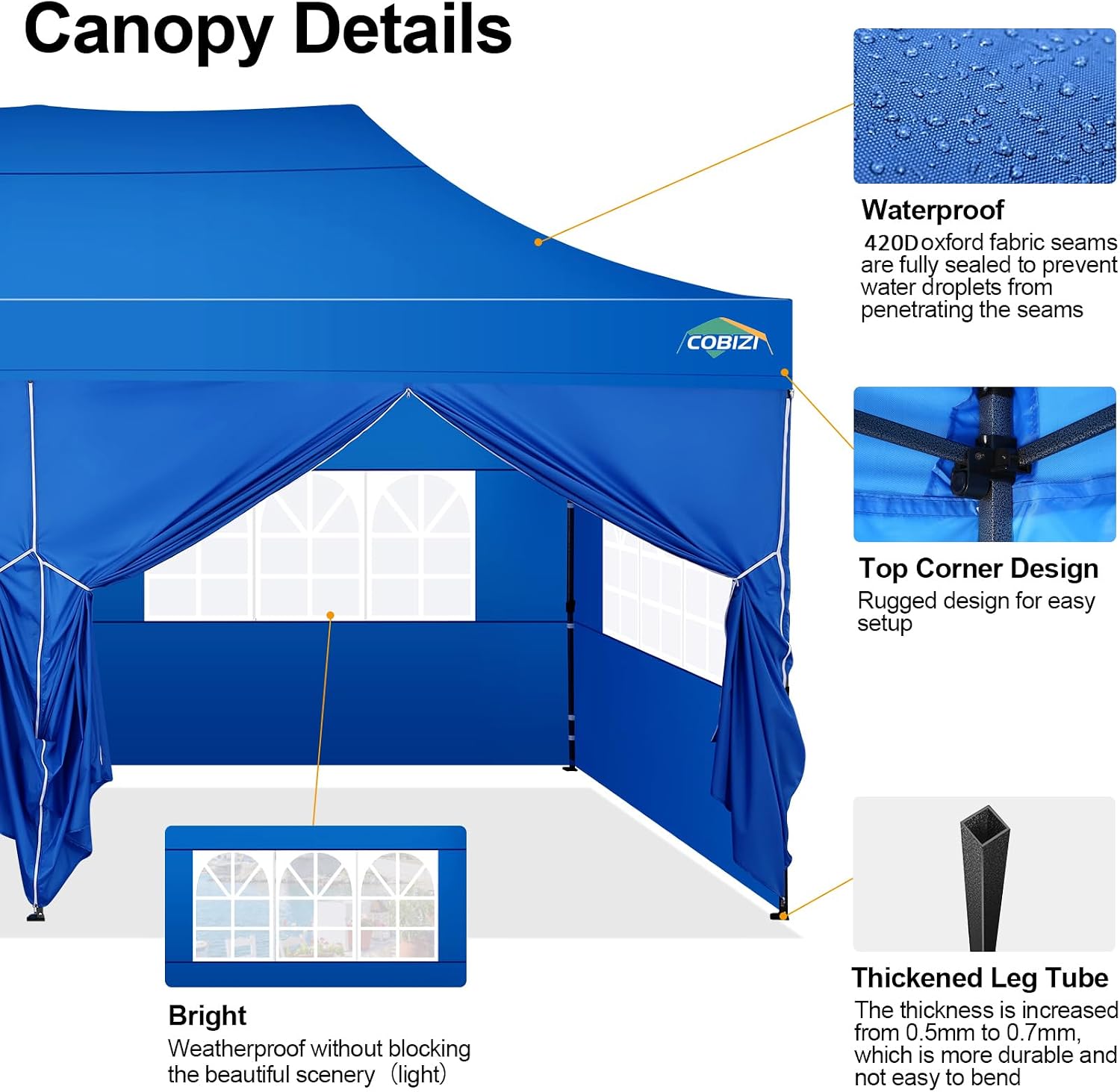 COBIZI 10x20 Pop up Canopy Tent 10x20 Canopy with 6 Sidewalls Waterproof Heavy Duty Commercial Canopy Tent for Parties Outdoor Garden Gazebo, Carry Bag with Wheel(10x20ft, Blue)