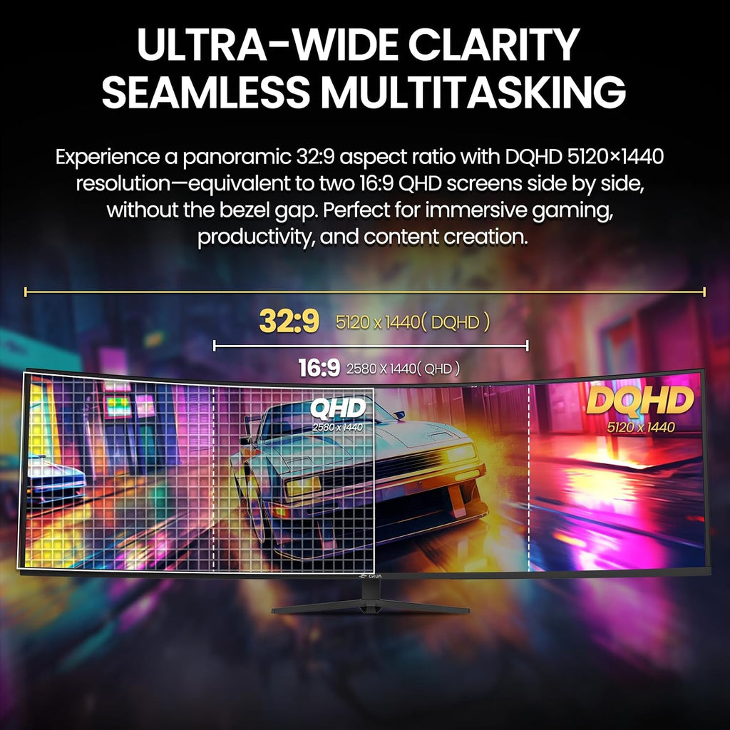CRUA 49' Curved Gaming Monitor | DQHD(5120 * 1440), 144Hz/165Hz, 1500R, 32:9, AMD FreeSync, 120% sRGB, Height Adjustable Ultra-Wide Screen Monitors, HDMI 2.1 & DP 1.4, Wall Mount Install- Black