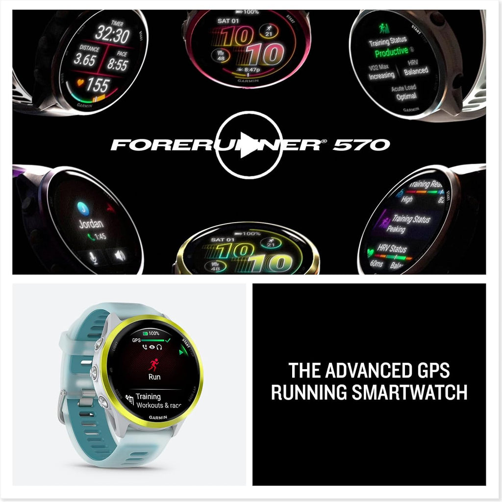 Garmin Forerunner 570 Advanced GPS Running and Triathlon Smartwatch Bundle (47 mm, Amp Yellow/Translucent Whitestone/Turquoise)