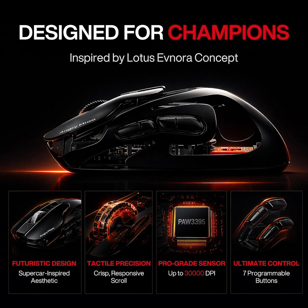 Angry miao AM Infinity Wireless Gaming Mouse, 49g Magnesium-Aluminum, PAW3950 30K DPI, 8K Polling, Anti-Double Click Optical-Micro Switches, Hot-Swap Battery, Tri-Mode RGB Programmable Mouse for FPS