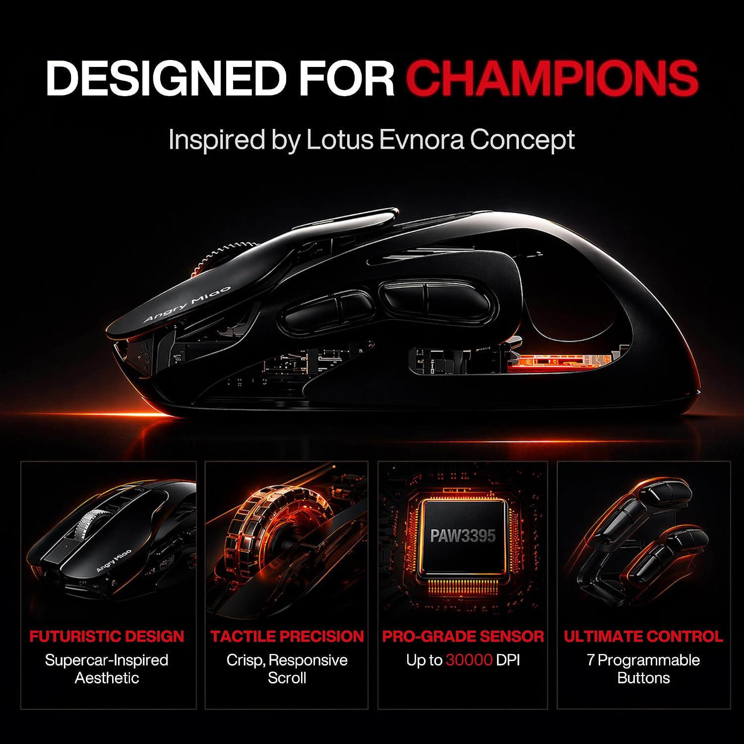 Angry miao AM Infinity Wireless Gaming Mouse, 49g Magnesium-Aluminum, PAW3950 30K DPI, 8K Polling, Anti-Double Click Optical-Micro Switches, Hot-Swap Battery, Tri-Mode RGB Programmable Mouse for FPS