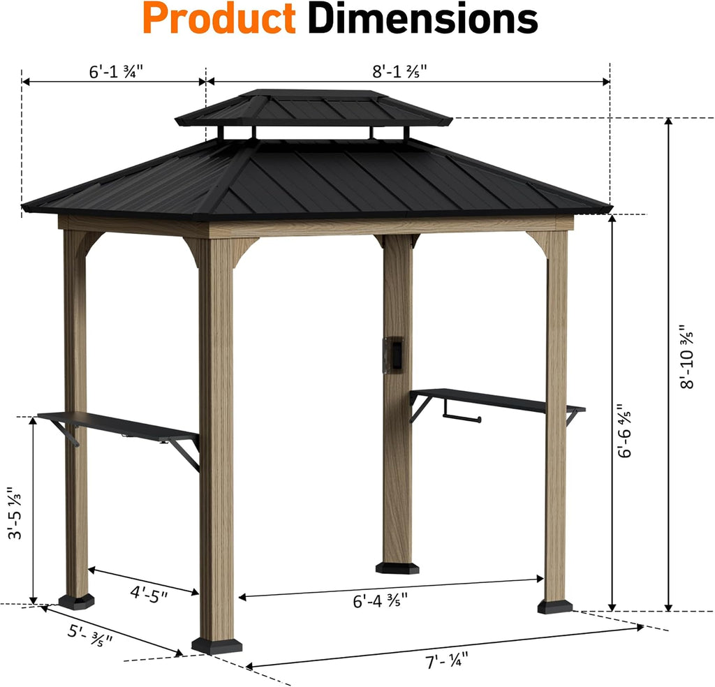 Big Leaf 6' x 8' Grill Gazebo with Aluminum Frame, Galvanized Steel Roof, Side Shelves, Paper Towel Holder, and USB/USB-C Charging Ports – Ideal BBQ Canopy for Patio，Wood-Looking