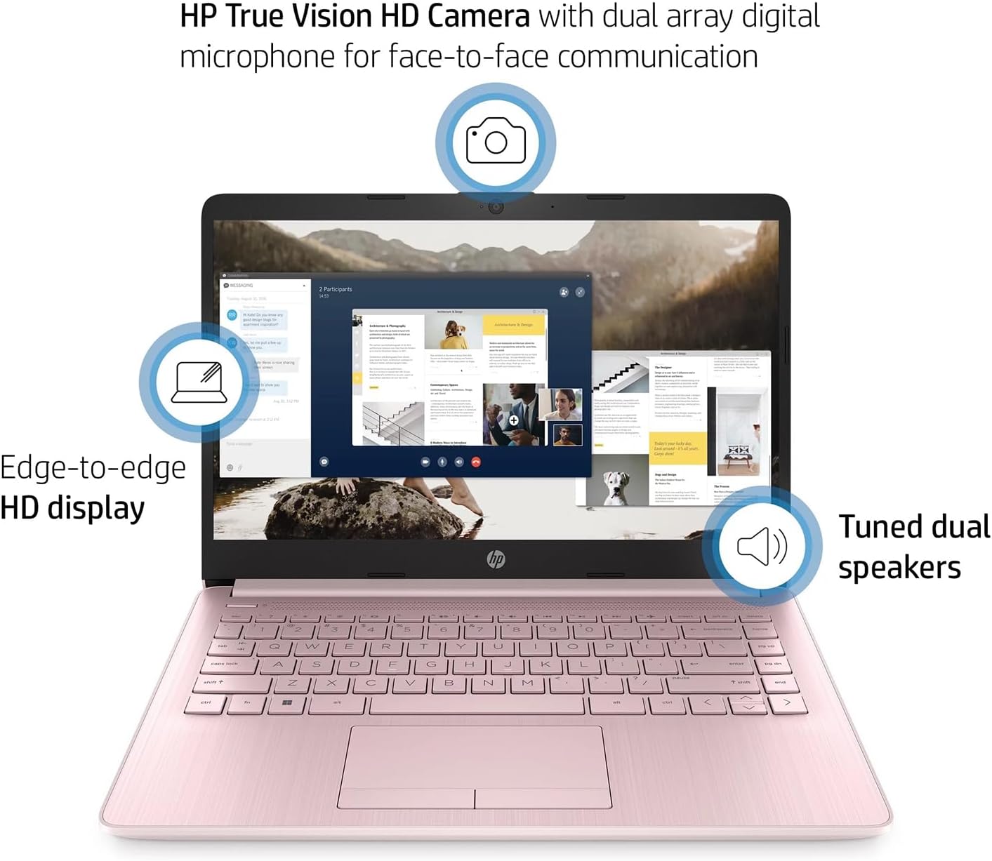 HP Essential Laptop, 14' HD Display, Intel Celeron N150, 8GB RAM, 128GB eMMC, Webcam, HDMI, Wi-Fi, RJ-45, 1 Year Office 365, Windows 11 Home, Pink