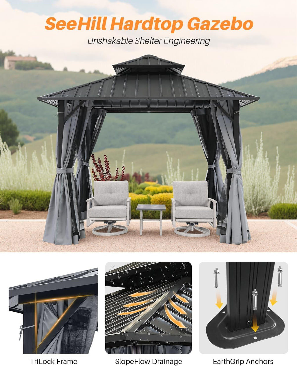 10' x 10' Hardtop Gazebo, Aluminum Frame Outdoor Patio Gazebos with Netting and Curtains, Outdoor Gazebo Canopy, Patio Pergola with Double Steel Roofs for Backyard, Patio, Deck, Slate Gray