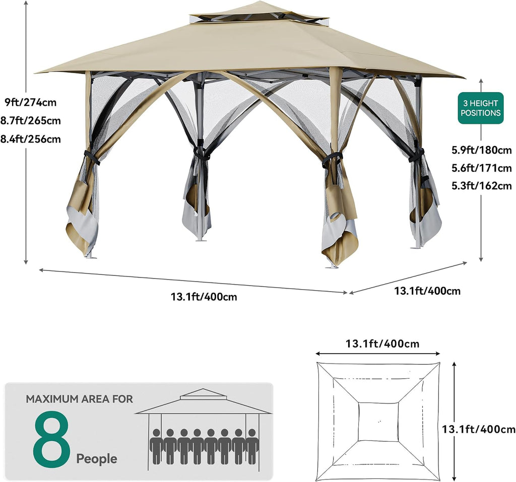 YITAHOME 13'x13' Pop Up Gazebo Double Roof Patio Gazebo, Outdoor Portable Canopy Instant Tent with Netting for Lawn, Garden, Backyard and Deck, Beige