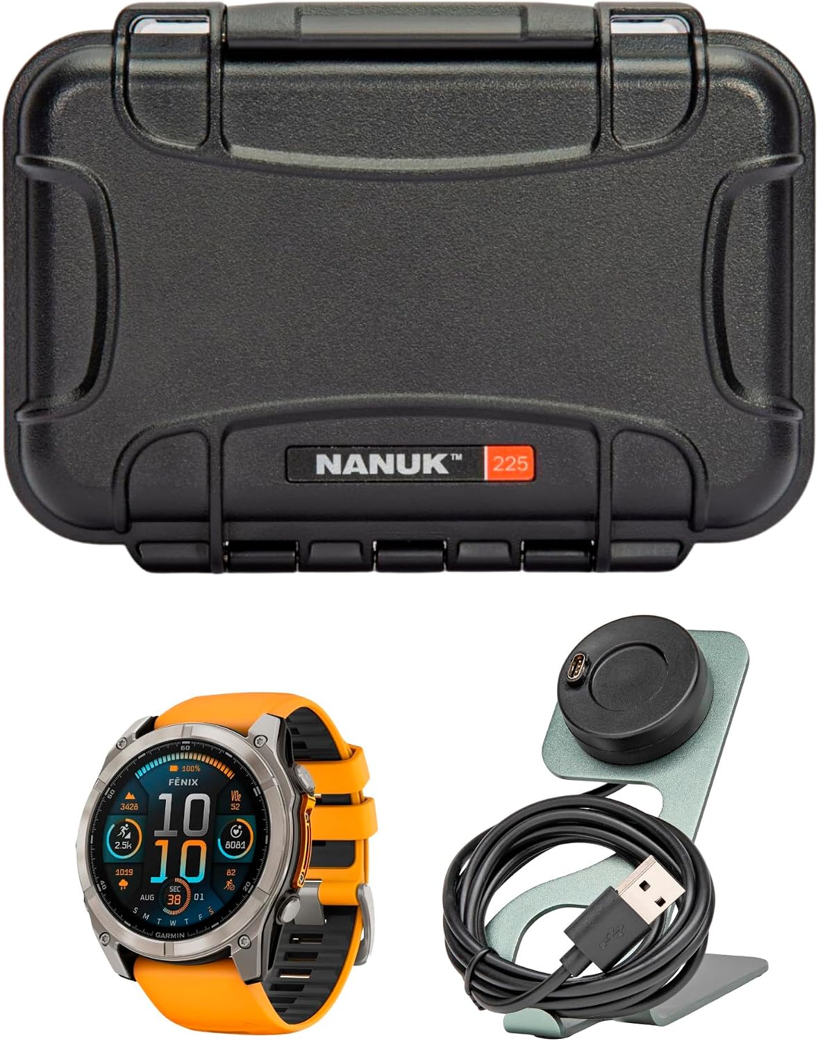 Garmin Fenix 8 Sapphire 51mm GPS Smartwatch with 1.4-Inch AMOLED Display (Spark Orange and Graphite) Bundle with Focus Camera Charger Stand and Focus Charger Port Protectors (9-Pack) (3 Items)