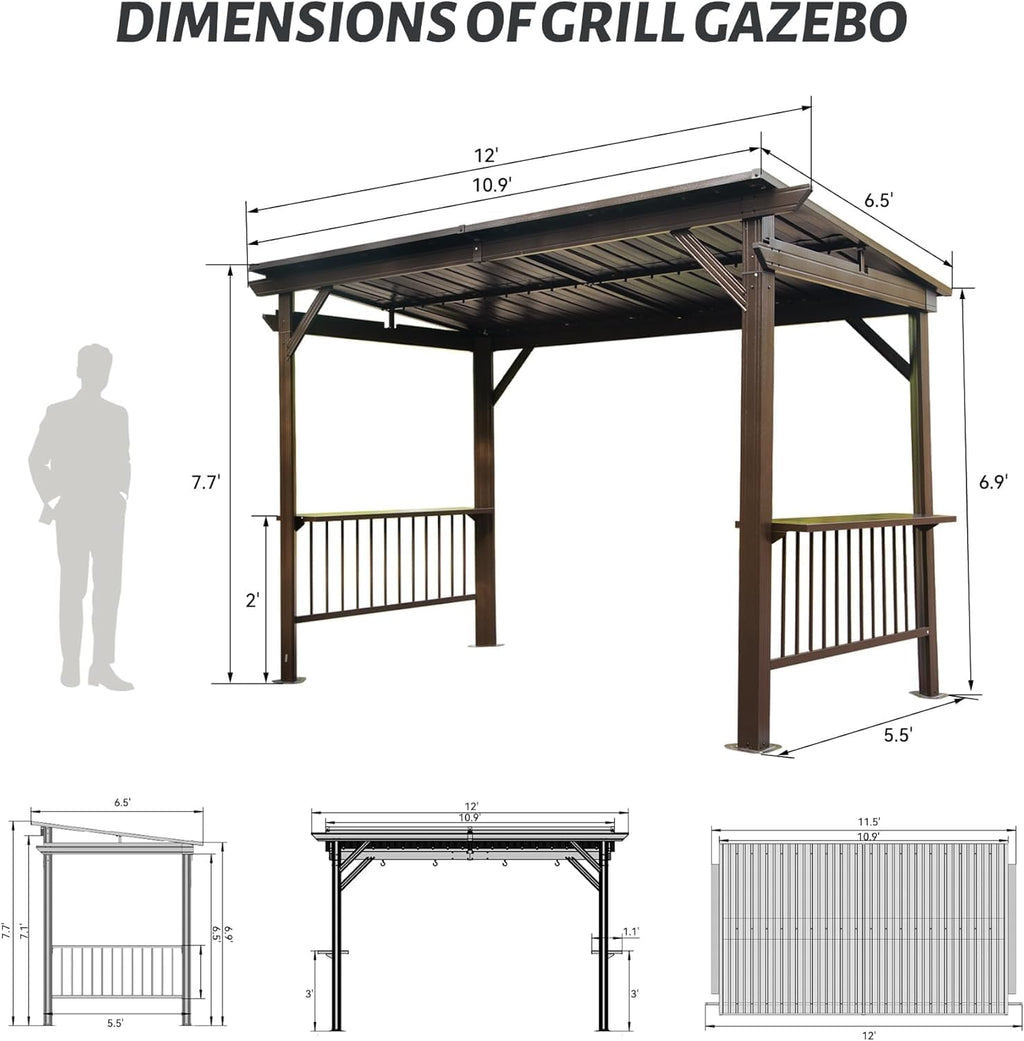 【LuckyNote】 6.5x12FT Hardtop Grill Gazebo, Outdoor BBQ Gazebo with 2 Side Shelves and Sloping Galvanized Steel Roof, Metal Permanent Grill Canopy with Ceiling Hooks for Patio, Lawn, 3 parcels (Brown)