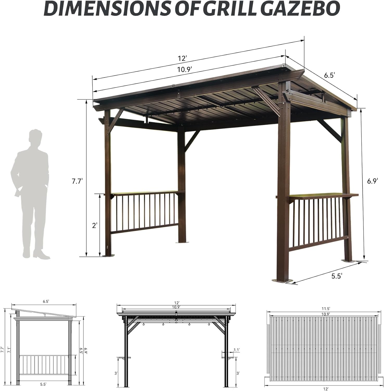 【LuckyNote】 6.5x12FT Hardtop Grill Gazebo, Outdoor BBQ Gazebo with 2 Side Shelves and Sloping Galvanized Steel Roof, Metal Permanent Grill Canopy with Ceiling Hooks for Patio, Lawn, 3 parcels (Brown)