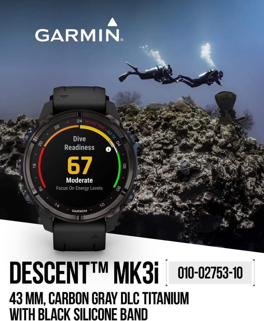Garmin Descent Mk3i 43 mm w/T2 Transceiver: Titanium Dive Computer +Extra-Long Strap | Up to 25 Days Battery Life, AMOLED Display, GPS Smartwatch Gift Bundle (010-02753-10)